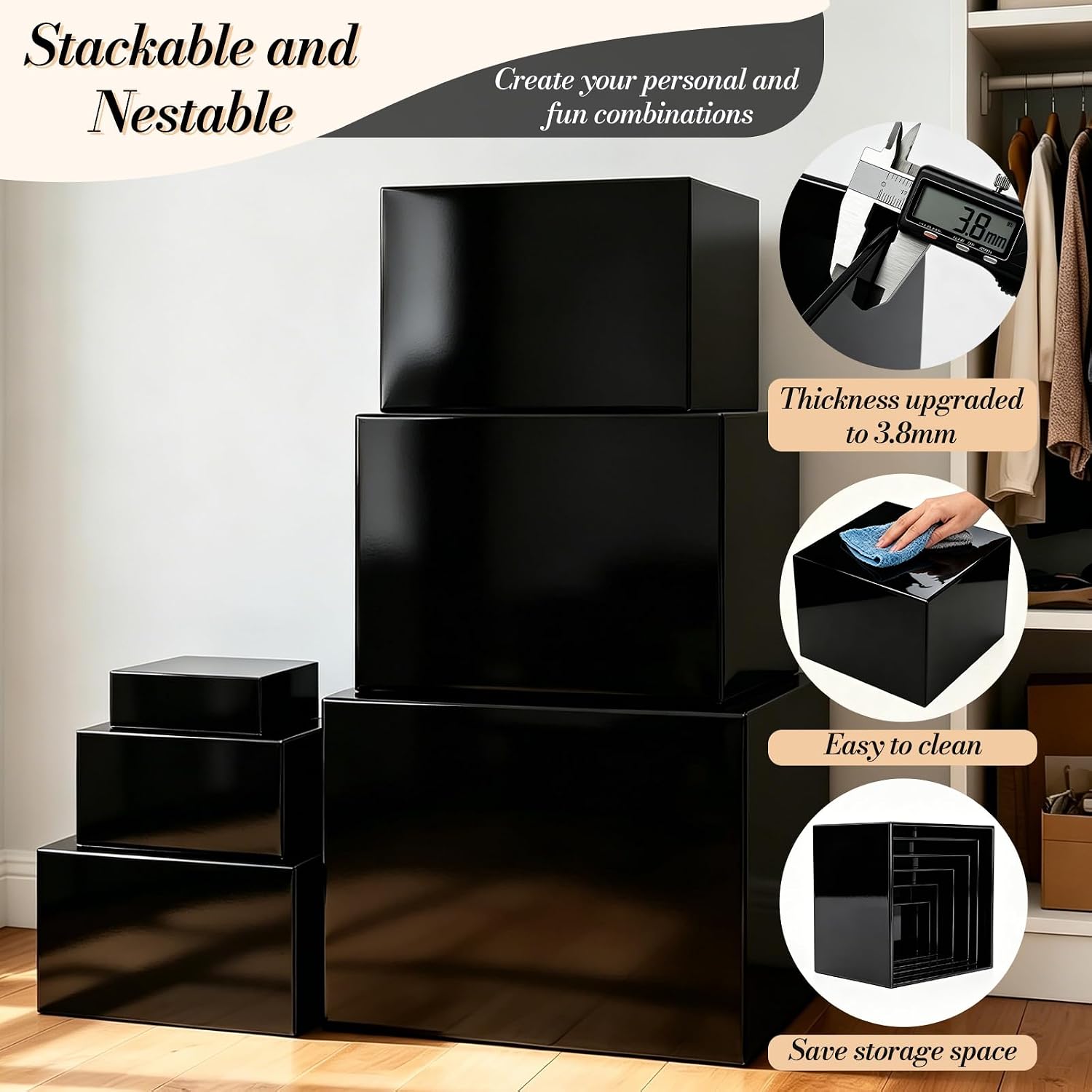 6 Pcs Buffet Risers with Mini Sign and Maker, Black Food Risers Display Stand for Buffet Table Party Catering Dessert Jewelry Collectibles, Nesting Cube Boxes with Hollow Bottoms (8",7",6",5",4",3")