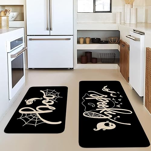 Miniatura 6 de Juego de 2 alfombras y tapetes de cocina negros de Halloween, telaraña espeluznante, Gosts Boo, tapete de cocina para piso, antideslizante, lavable,