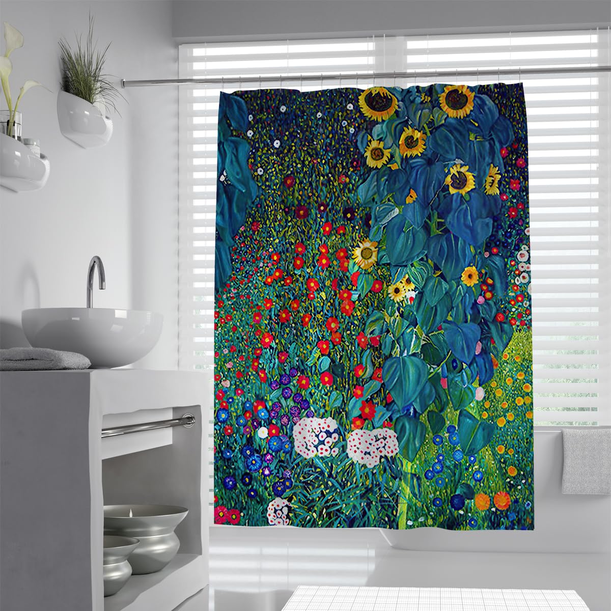 OLLIAR Home Farm Garden with Sunflowers Shower Curtain 120x200 Rustic Wildflowers Pattern Cloth Bathroom Curtains Set Washable Fabric Bath Curtains with Hooks