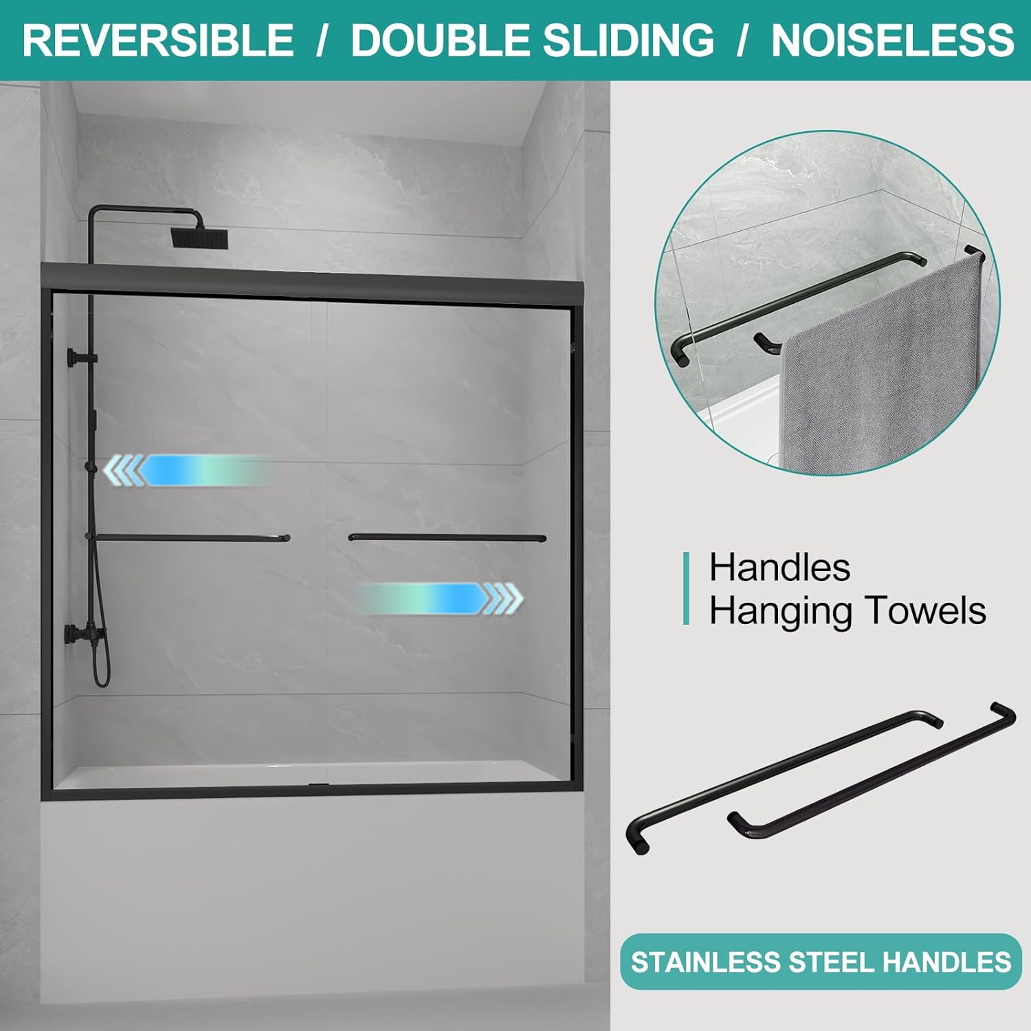 Bathtub Shower Door - 56-60" W×58" H Semi-Frameless Double Sliding Design Shower Tub Door 1/4" Clear Glass Panel(‎Black, 60X58IN)