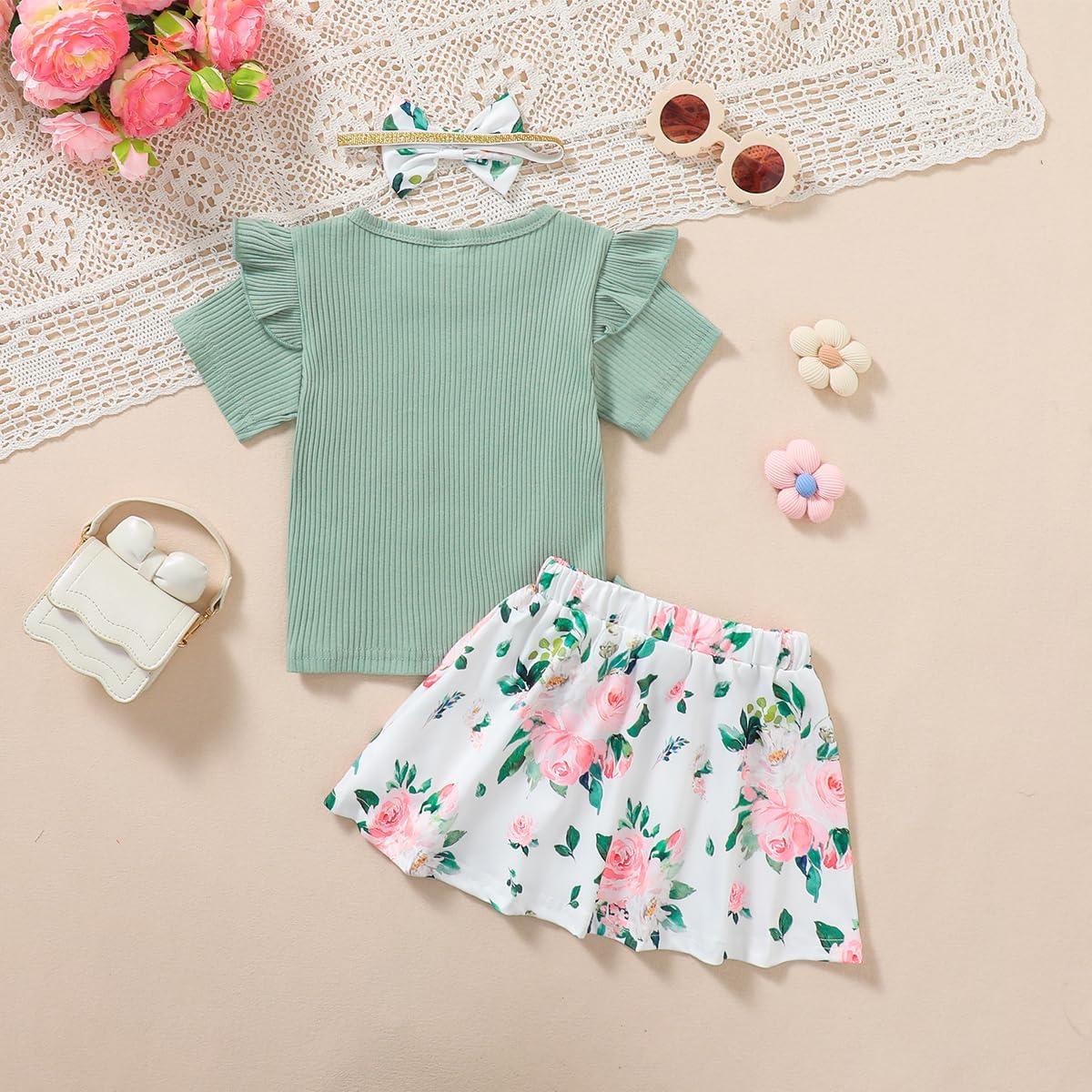 BIRTHDAY SHARK Big Sister Little Sister Matching Outfit Girl Floral Outfit Set Green Ruffle Top with Bow Headband