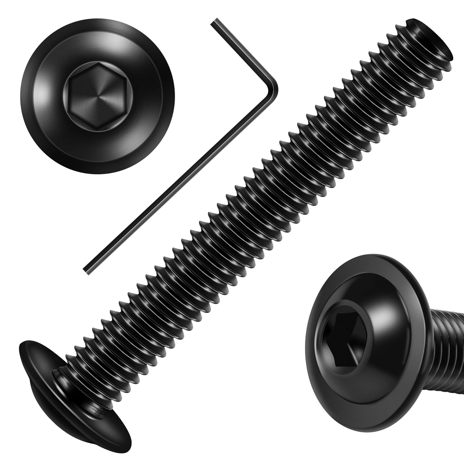 Mywish M8 x 50mm 20Pcs Flange Button Head Hex Socket Cap Screws Bolts, 304 Stainless Steel Furniture M8 x 1.25 Bolts Full Thread, Black Oxide & Hex Spanner