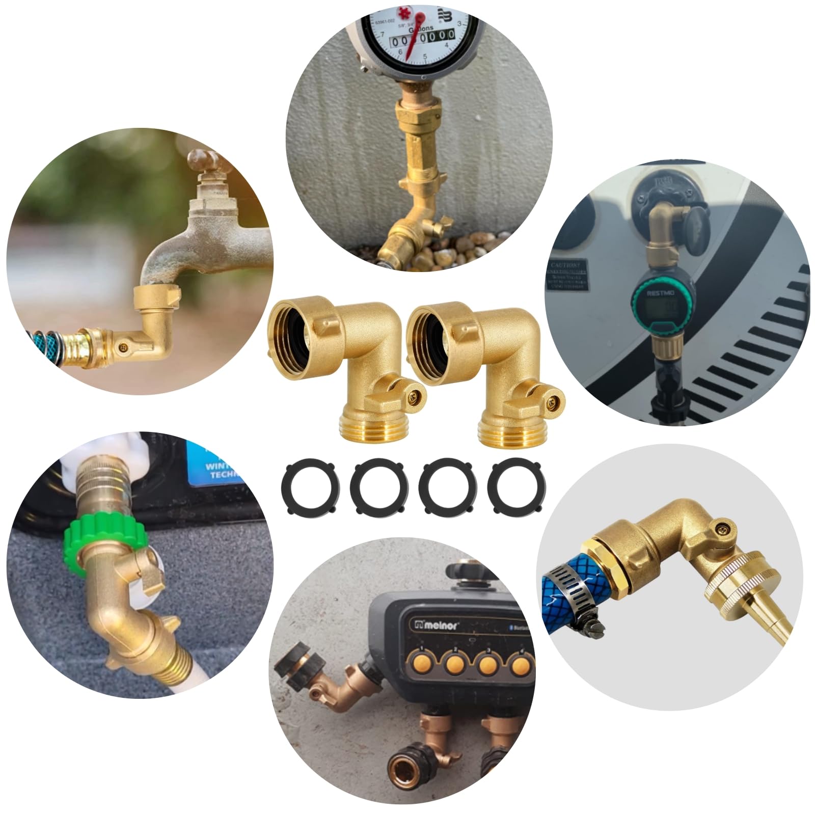 Codo de manguera de jardín de 90 grados con válvulas de cierre, conectores de manguera de agua de latón macizo de 3/4 pulgadas y accesorios, adaptador de manguera con arandelas para