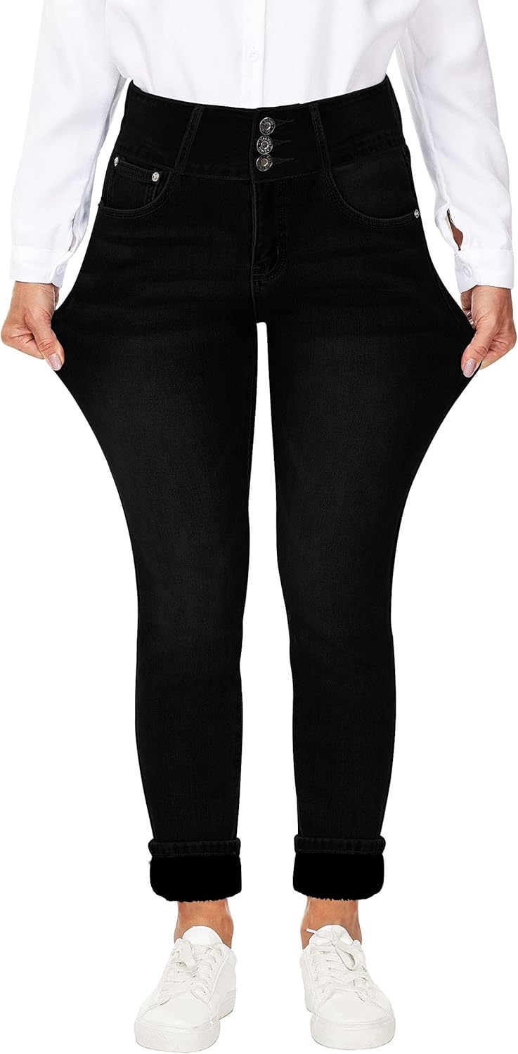 Fleece Lined Jeans Women Thermal Flannel Lined Jeans 3 Buttons Winter Warm Skinny Stretch Denim Pants - Image 5