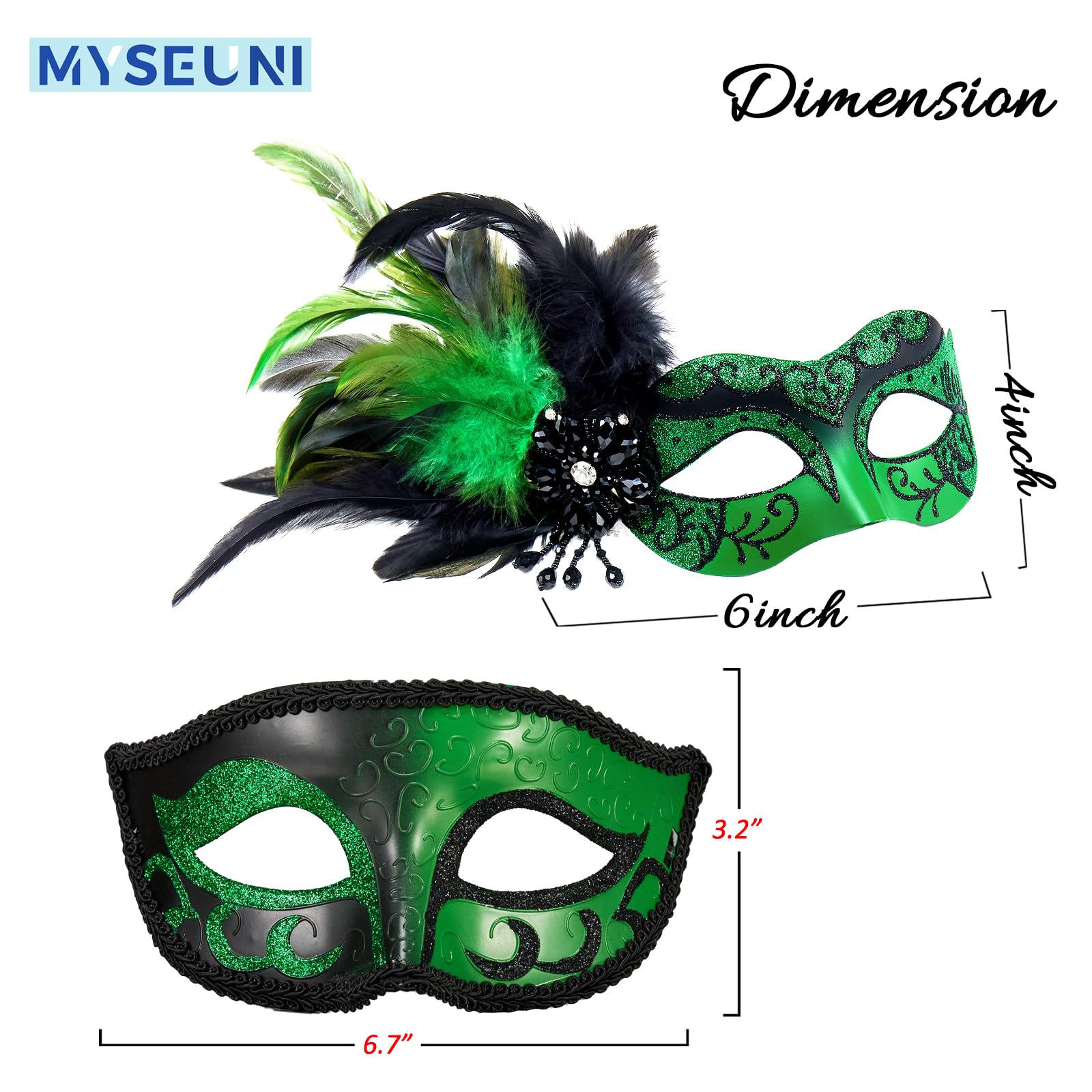 MYSEUNI 2024 New Green Masquerade Mask with Feathers - Image 2