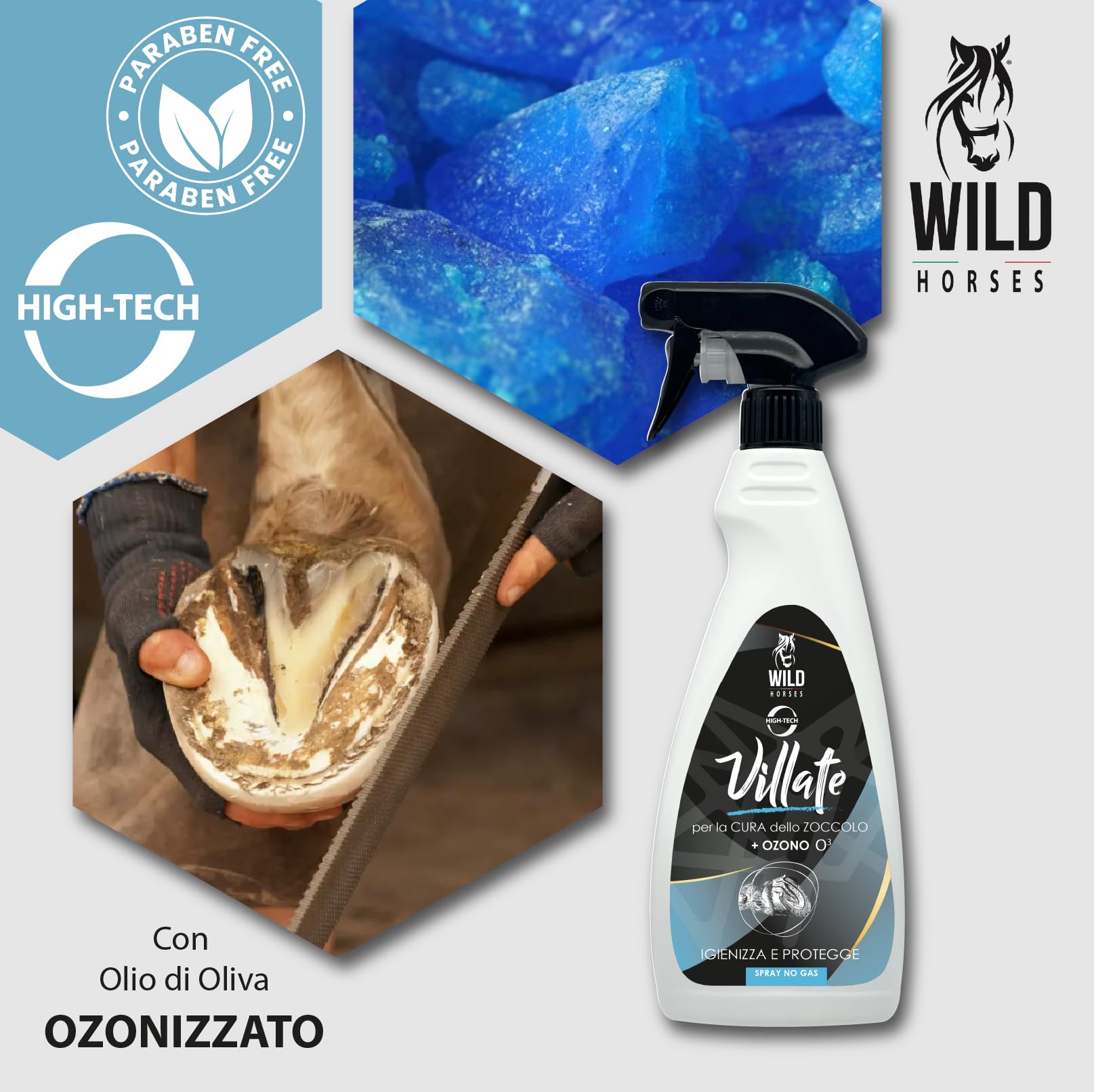 WILD HORSES - Villate con Ozono Spray per la Cura dello Zoccolo Cavallo e Mantenimento del Fettone con Olio di Oliva Ozonizzato Protegge e Detergente 500ml