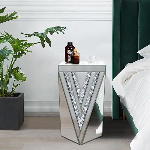 Miniatura 7 de Pregaspor Mesa auxiliar plateada con espejo, hermosa mesa auxiliar con incrustaciones de cristal, pequeña mesa auxiliar con espejo para sala de