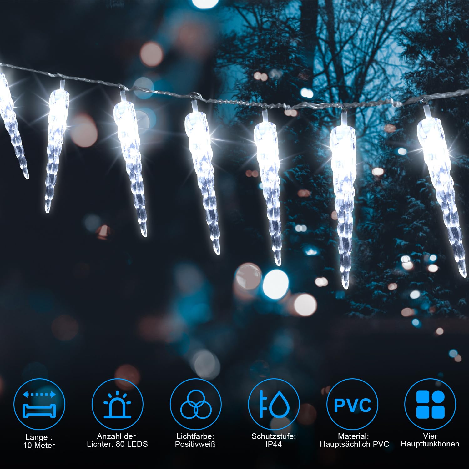 Solar Eiszapfen Lichterkette 10 M, 80 LEDs, Warmweiß, Mit Fernbedienung, 8 Modi, Timer, IP44 – Für Weihnachten, Garten & Hochzeit