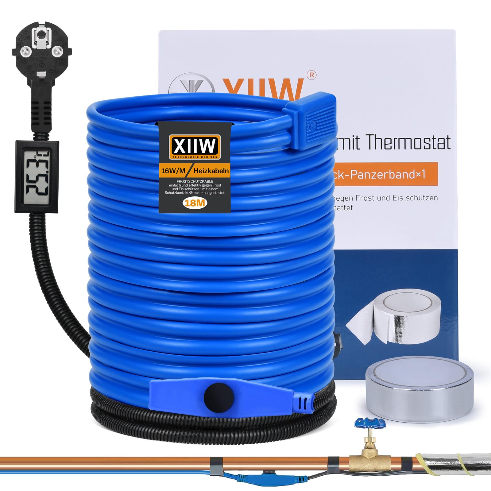 Cable calefactor antiheladas de 18 m con termostato e indicador de temperatura, 230 V, 16 W/M para tuberías de agua, resistente al agua, cable calefactor para tuberías