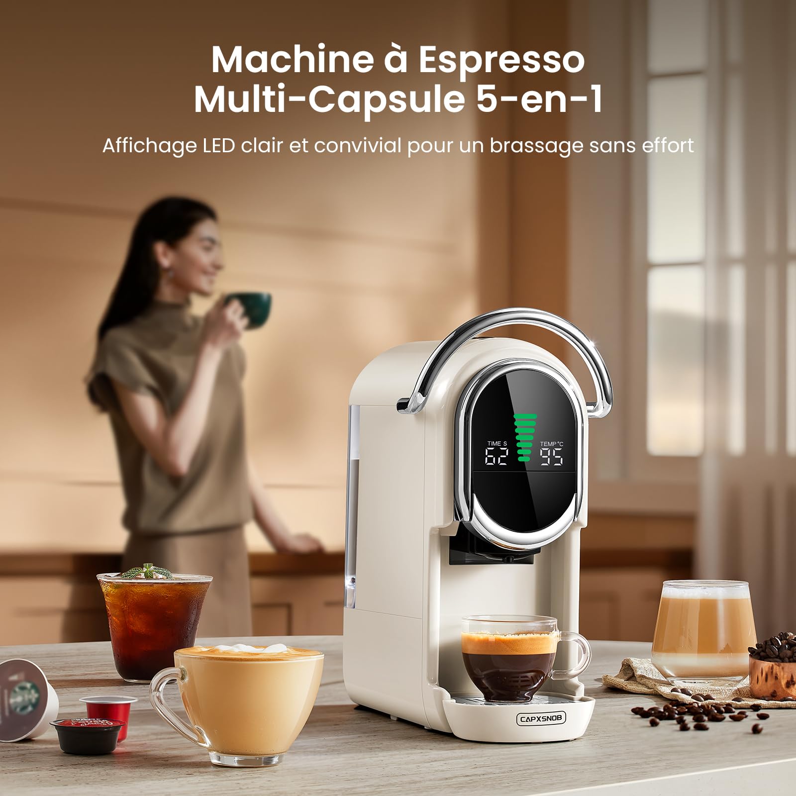 Magician1 Machine à café Capsules pour Nespresso, Dolce Gusto, Lavazza A Modo Mio, Dosettes ESE 44mm et Café Moulu, Température et Taille Tasse Réglable, 20Bar, Cafetière Chaud ou Froid (Blanc)