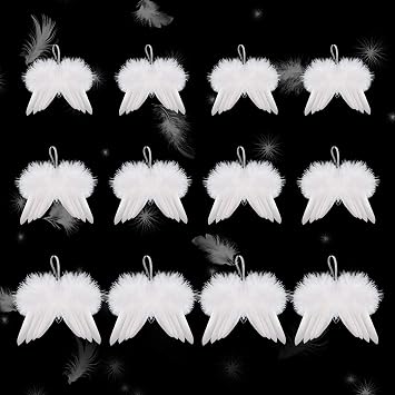 12 Pcs White Angel Wings Ornament, 3 Size Vintage Feather Wing Christmas Tree Hanging Decor Weeding Ornament 6.7 x 6in, 5 x 4.3in, 4.3 x 3.6in