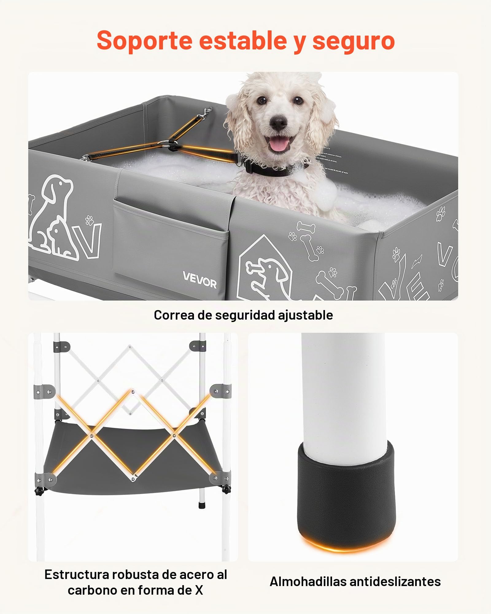 VEVOR Bañera Elevada para Perros Gatos con Soporte, Bañera Plegable Portátil para Mascotas Pequeñas y Medianas hasta 30 kg, Estación de Baño con Estructura en X, Desagüe, Estante y Barra para Toallas