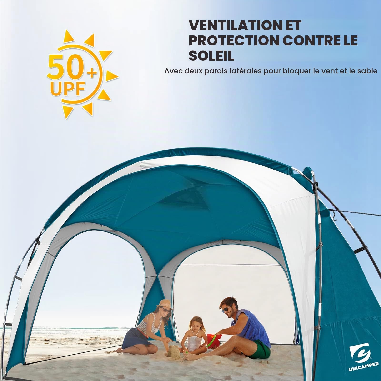 UNICAMPER Grande Tente de Plage UPF 50+ 3,7 x 3,7 m, imperméable et imperméable pour 8 à 10 Personnes avec 2 parois latérales, Parfaite pour Le Camping (Bleu Ciel)