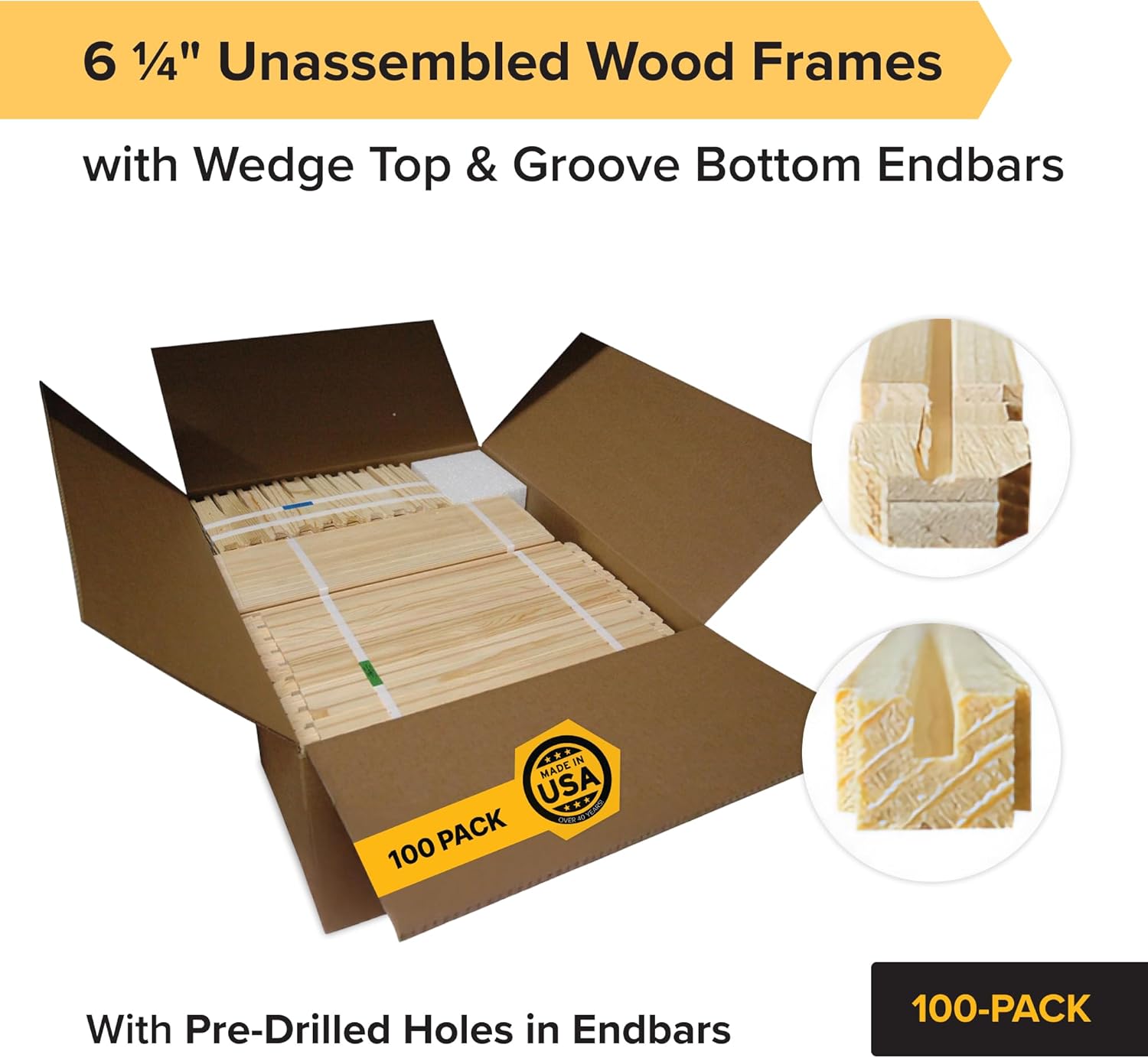 Mann Lake 6 1/4" Medium Beehive Frames, 100-Count Unassembled Wood Frames with Wedge Top & Grooved Bottom, With Pre-Drilled Holes, Fits 6 5/8" Supers, Supports Wax/Plastic Foundation Sheets, Made USA