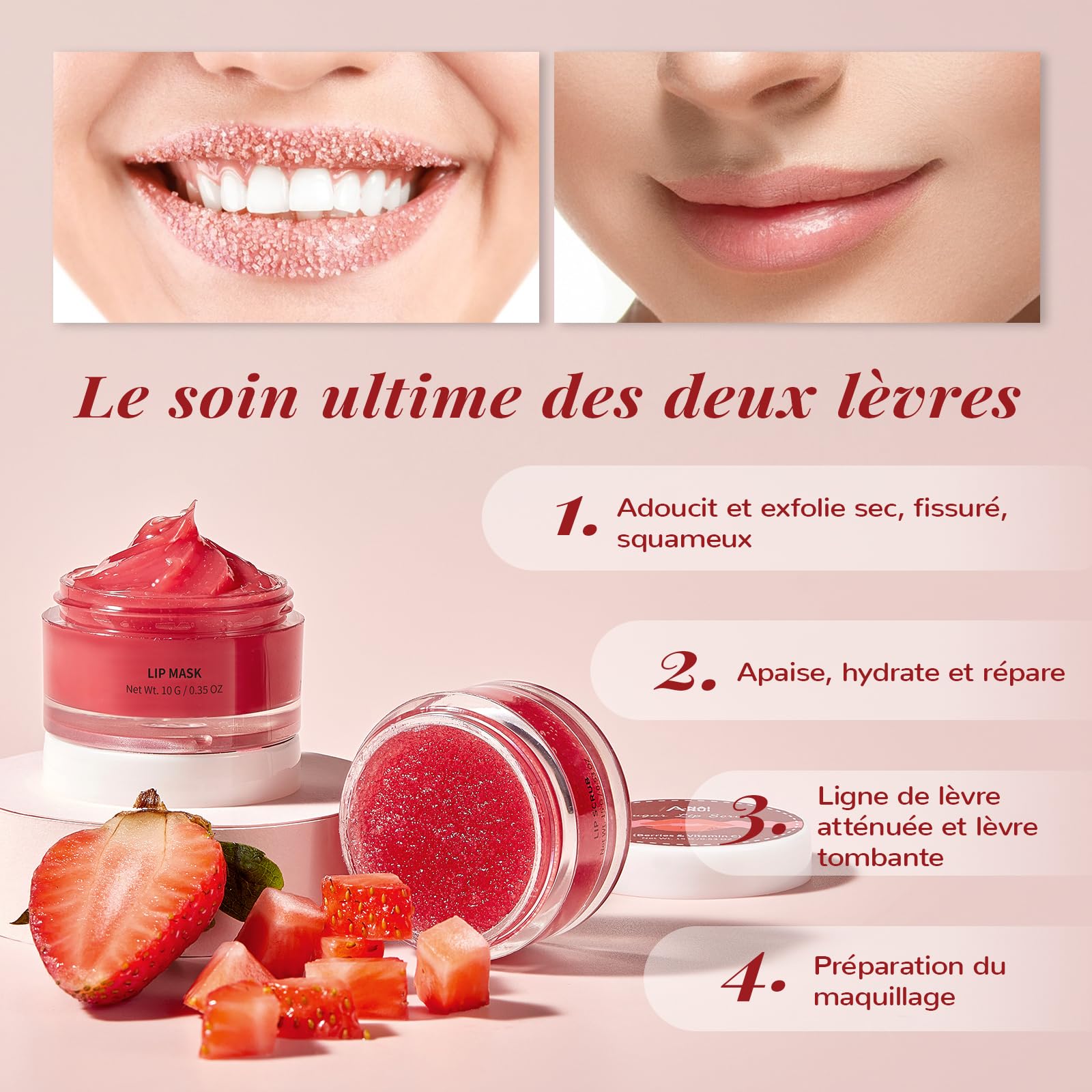 ANAiRUi Kit de Soin pour les Lèvres - Ensemble de Masque Baume & Gommage Sucré - Masque de Nuit (Baies + Vitamine C)