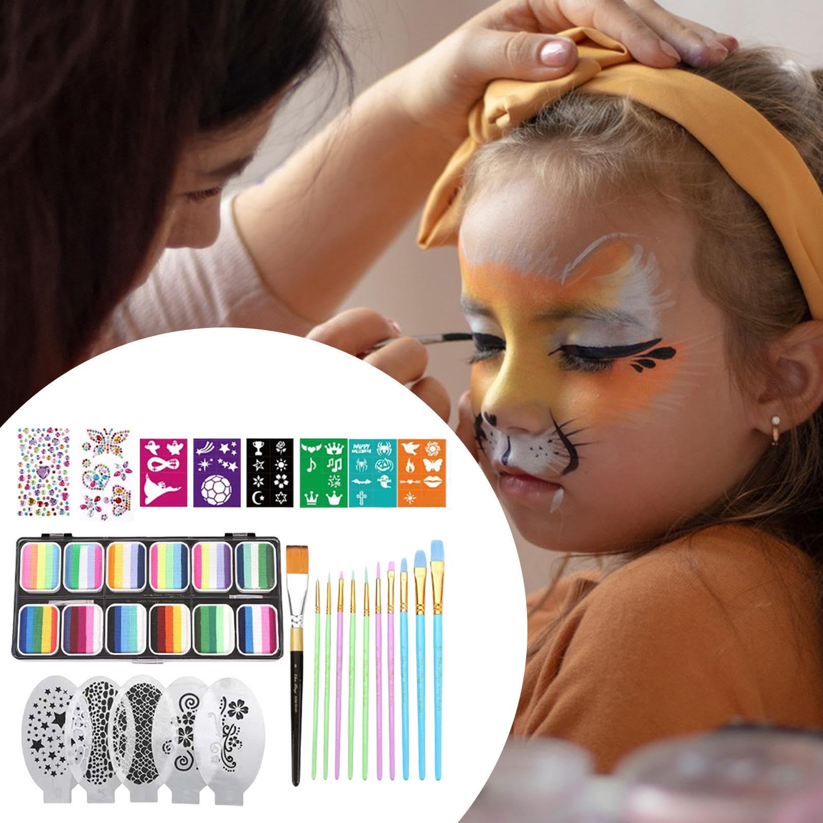 Trucco Viso Set Con Stencil Per Pittura Facciale | Palette da 12 Griglie Cosmetici Solubili in Acqua con Colori Vivaci per Adolescenti Studenti Bambini Adulti Cosplay Feste e