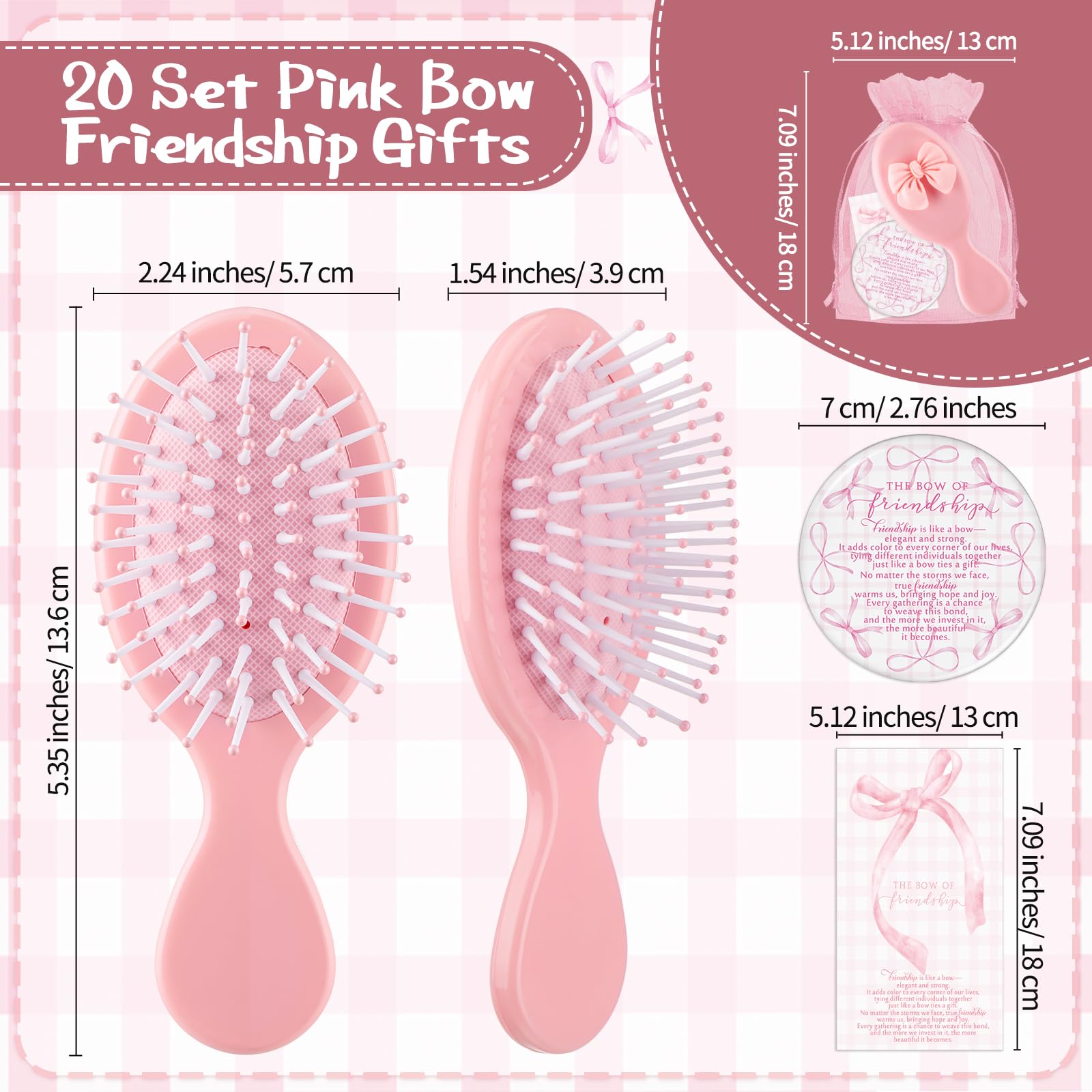 Mimorou 20 Sets Friendship Gifts Bulk Coquette Bow Hairbrushes Mirrors Cards with Bags for Galentines Party Favors Girls Trip Weekend Bachelorette Pink Friends Gifts
