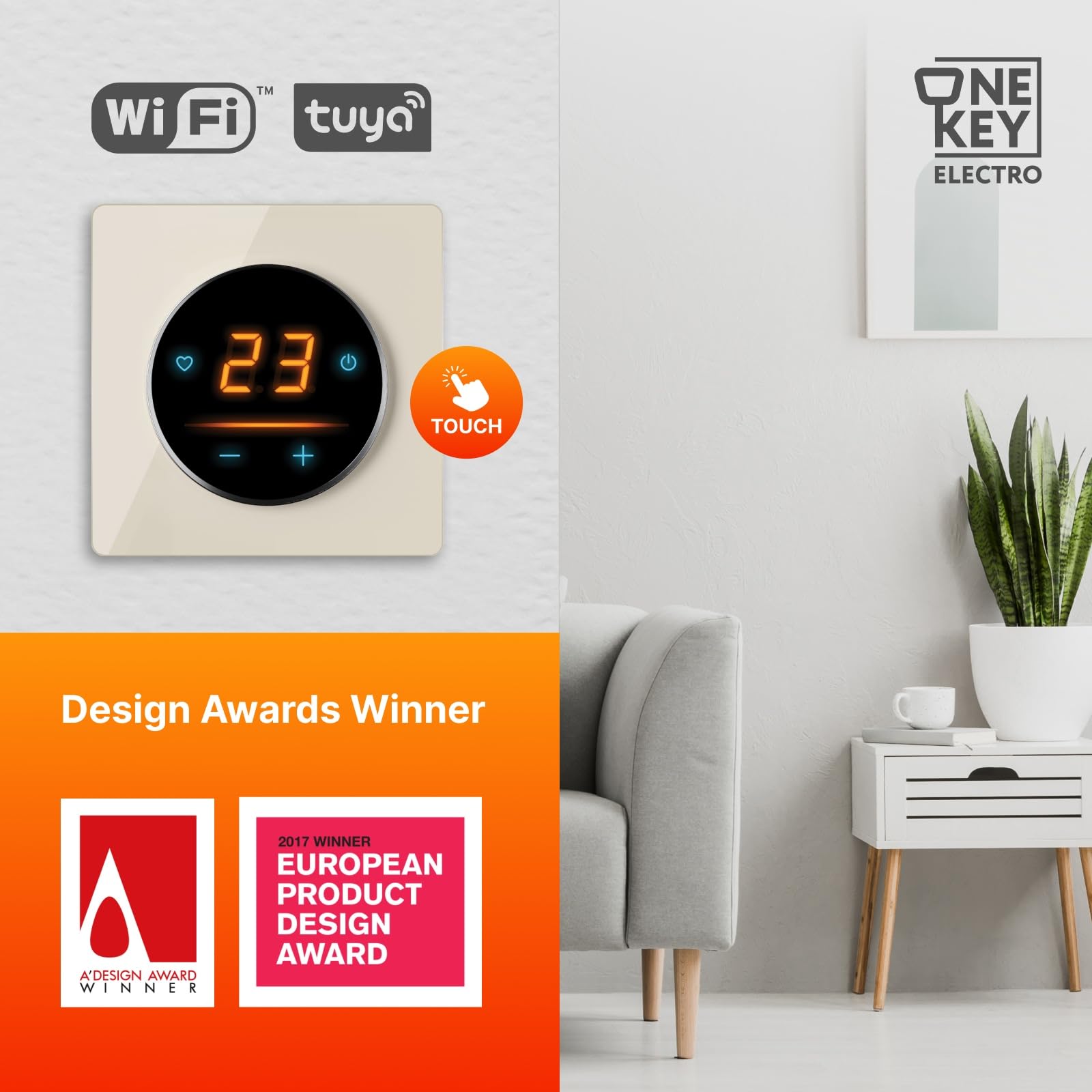 Riscaldamento a pavimento elettrico: tappetino riscaldante a due fili WARMON ULTRA 200 W/m² con termostato WiFi OKE-25 Touch e cornice di copertura in vetro Garda Glass nero, termostato: OKE25 Garda