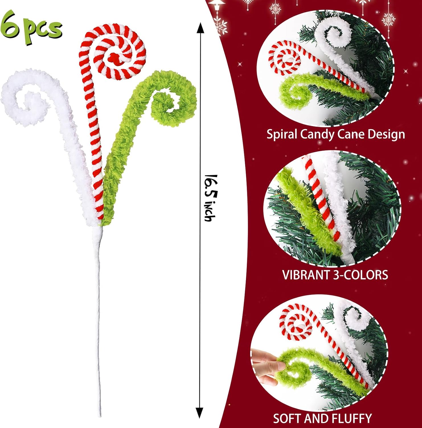 RINOLY 6 Pcs Christmas Tree Topper,16 in Red Green White Candy Cane Christmas Tree Decorations,Woolen Curly Christmas Tree Picks Ornaments for Holiday Decorations Vase Filler Garland (Green) - Image 3