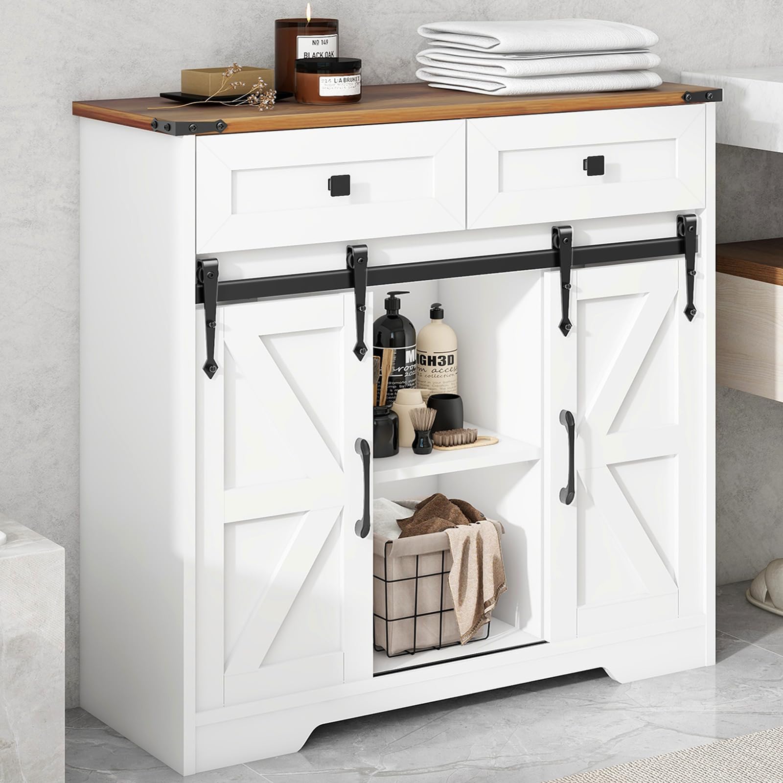 Photo 1 of ***USED - BOARDS SCRATCHED AND SCRAPED - MISSING HARDWARE***
Vabches Bathroom Floor Cabinet, Farmhouse Storage Cabinet with Sliding Barn Door and Storage Drawers, White Buffet Cabinet with Adjustable Shelves