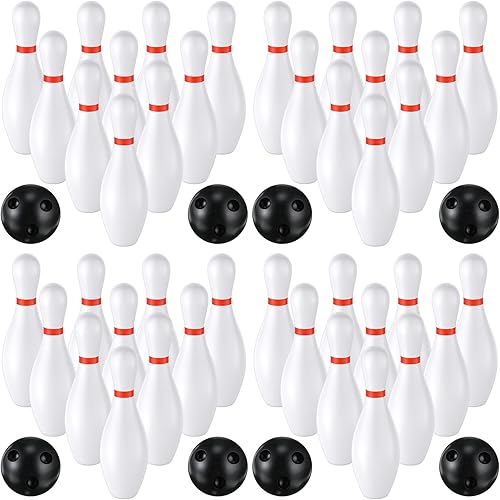 Paquete de 4 juegos de bolos para niños para interiores y exteriores, incluye 10 pines de plástico de 6.3 pulgadas y 2 bolas de césped para niños