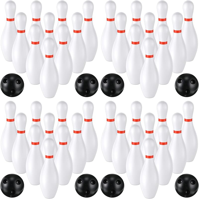 RoundFunny Juego de 4 bolos para niños de 6,3 pulgadas, juegos de interior y exterior para niños, incluye 40 bolos de plástico y 8 bolas, juegos de césped para actividades escolares en el patio de niños pequeños