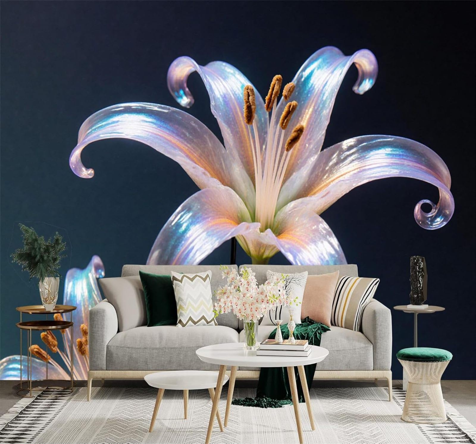 XLMING Three Dimensional Beautiful Rainbow Lily Sparkling Petals Dark Background 3D Wallpaper Premium Textured Silk Study Dining Living Room Bedroom Sofa TV Wall Easy Install-300cm×210cm