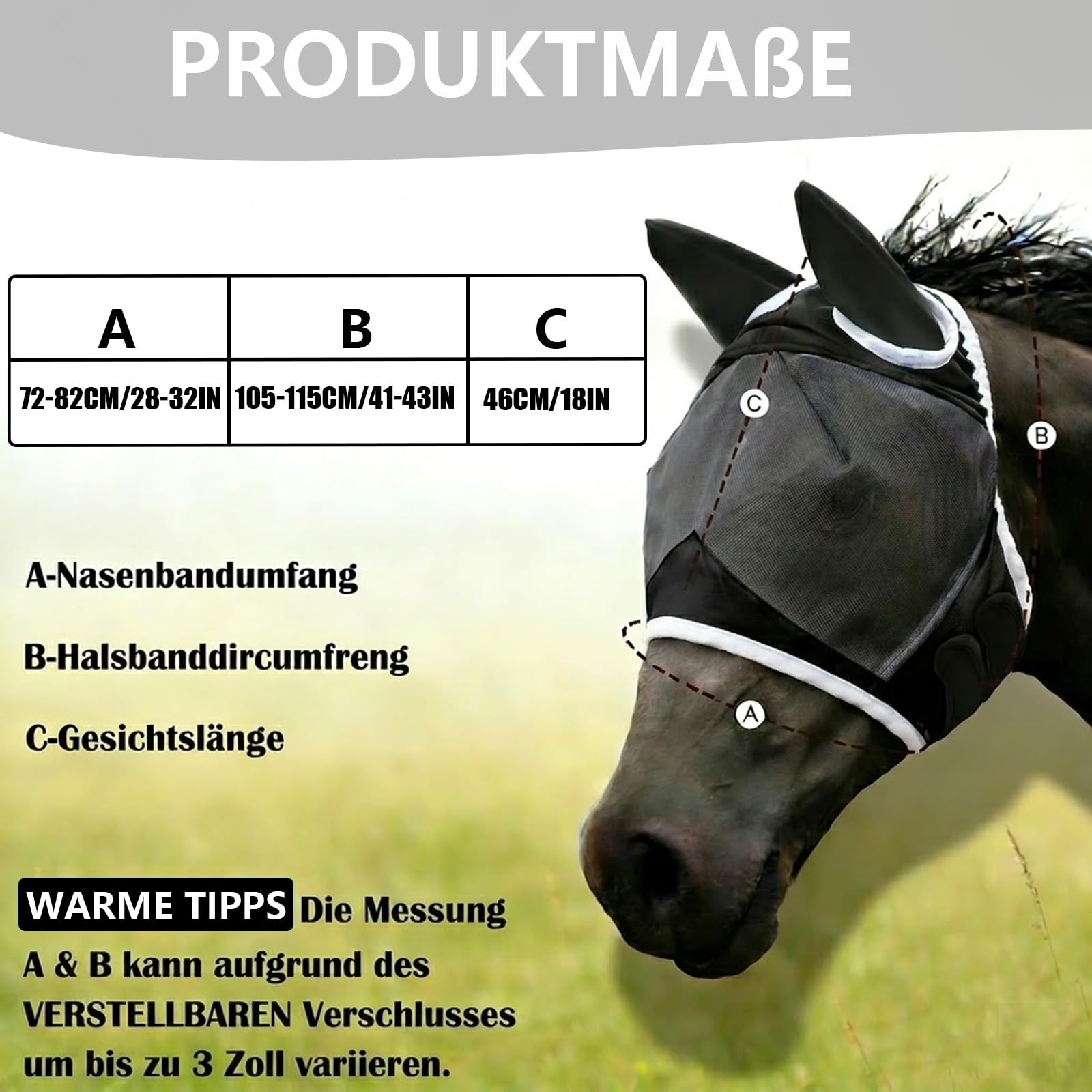 Fliegenmaske Pferd, fliegenmaske Pferd cob One Piece Fliegenhaube mit Fliegenohren für Pony, Kleine und Mittlere Pferde Elastisches Material, Atmungsaktiv, Leicht, UV-Schutz, Weich & Passgenau