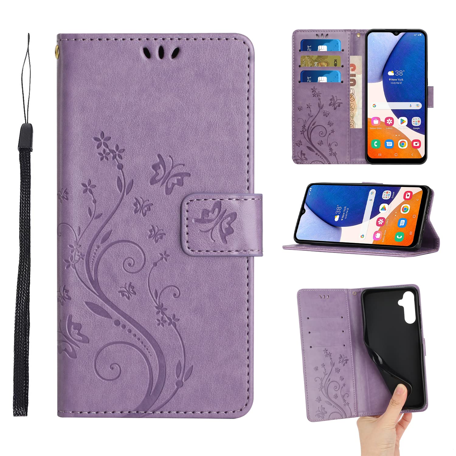 Flip Cover Compatible with Samsung Galaxy A14 5G Wallet Case with Card Holder Kickstand PU Leather Butterfly Embossed Floral Holster Slim Silicone Bumper Shockproof Magnetic Clasp Lanyard-Purple
