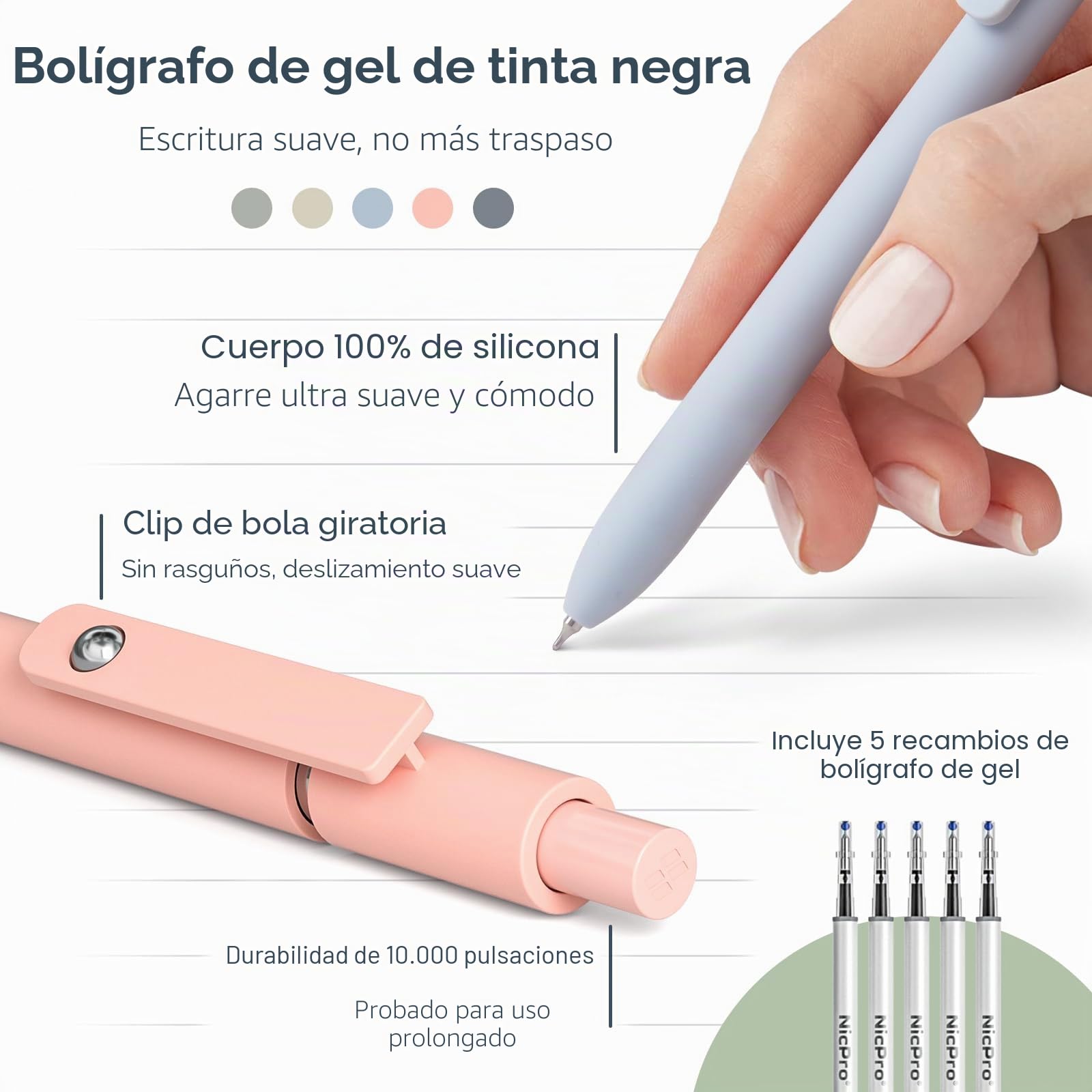 Nicpro 50 suministros escolares estéticos con bonito estuche, 5 bolígrafos de tinta negra de secado rápido, 12 resaltadores pastel, 6 portaminas de 0.5, 0.7, 0.9 y 2.0 mm para estudiantes, artículos
