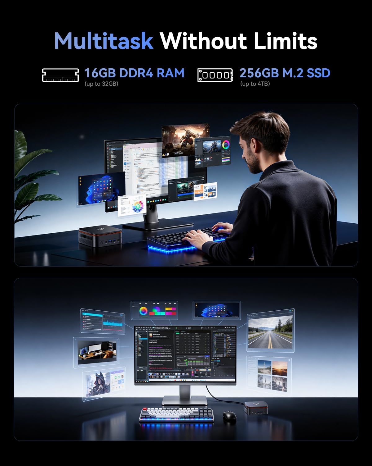 NiPoGi Pinova P1 Mini PC AΜD Ryzen R2544 W11 Pro(4C/8T,3,7GHz,Schneller als i3-10110U/N150/N95/R2514/3500U) 16GB DDR4 +256GB M.2 SSD 4K UHD Triple Display/WiFi 5/BT 4.2/LAN für Büro Bildung Multimedia
