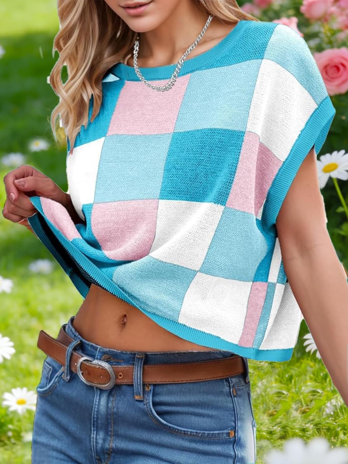 Womens Spring Crop Tops 2026 Summer Cap Short Sleeve Sweater Vest Loose Shirts Cute Trendy Top Vacation Outfits - Image 3