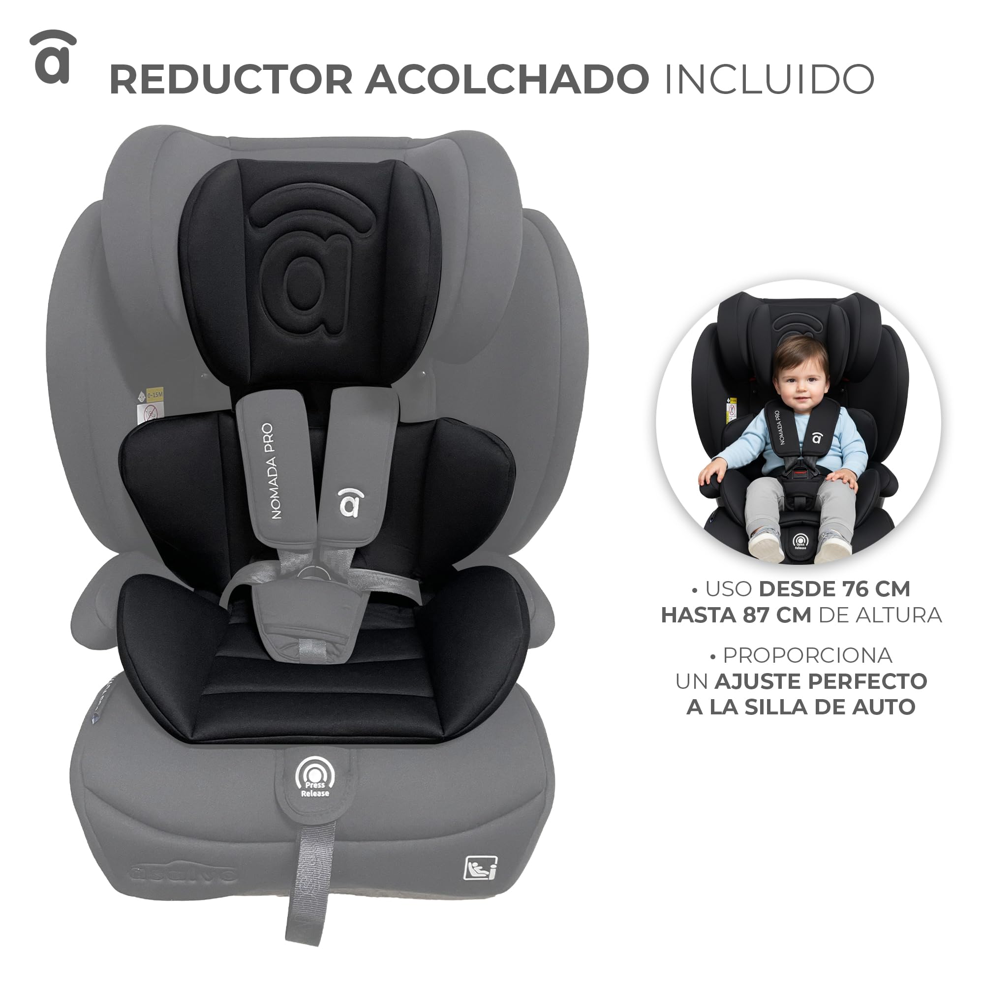 Silla de Coche i-Size 76-150 cm (15 meses–12 años) Grupo 1 2 3, Ligera 5 kg, Instalación con Cinturón, Arnés 5 Puntos, Protección Lateral – Asalvo Nómada Pro Negro