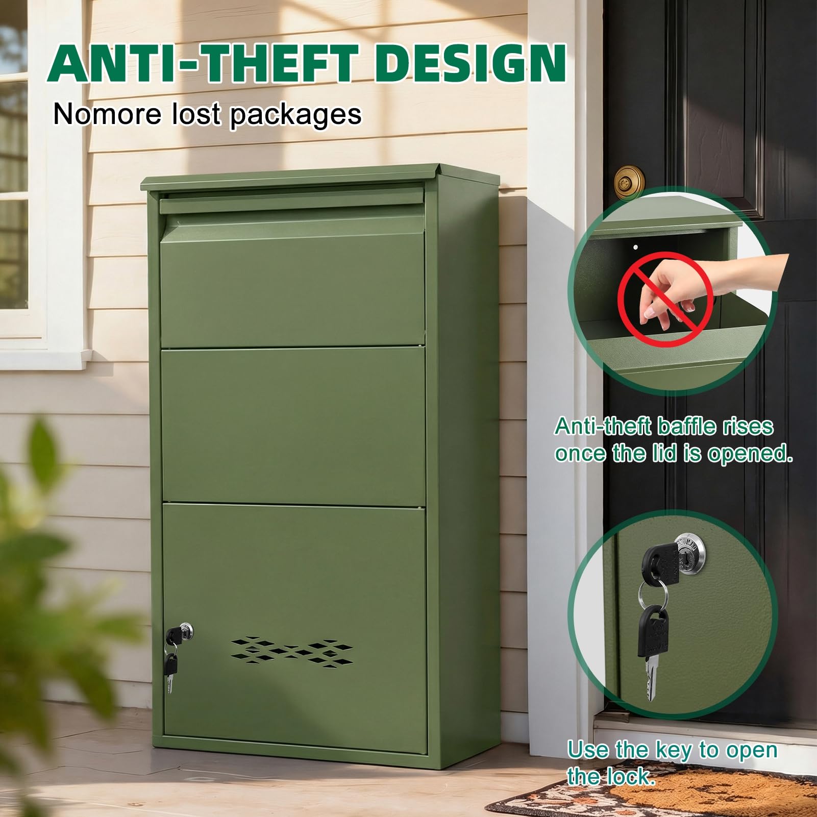 Große abschließbare Paketbox, wetterfeste Schlüsselverriegelung, Paketabwurfboxen, Outdoor-Lieferbox mit sicherem Frontzugang für mehrere Pakete, Grün, 75 cm 2
