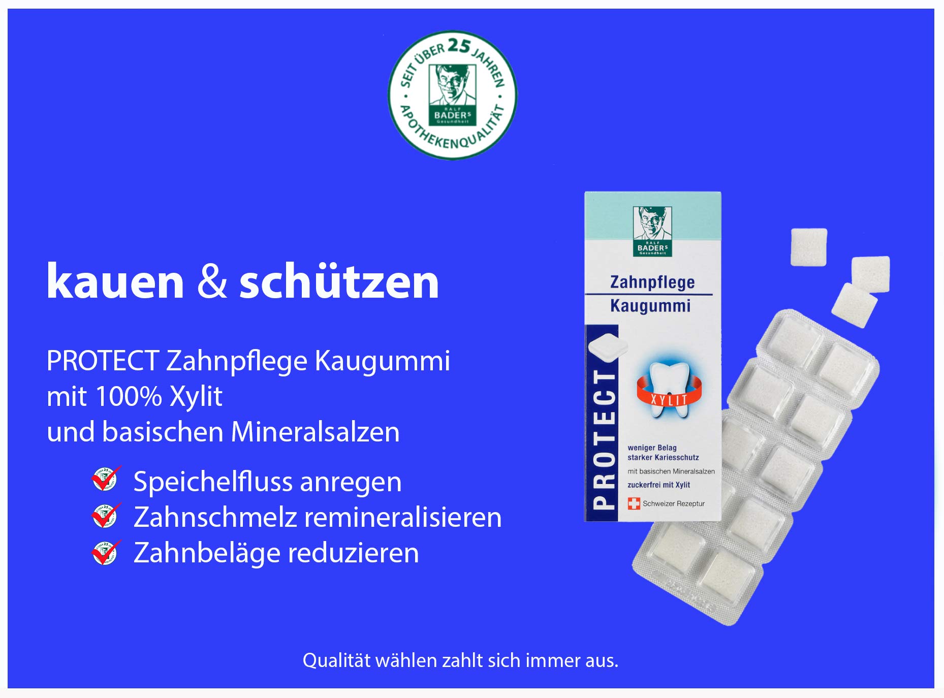 BADERs PROTECT Zahnpflege Kaugummi aus der Apotheke. Display mit 24 Packungen. Je Packung 20 Kaugummi-Quadrate. Zuckerfrei mit Xylit. PZN 04451478