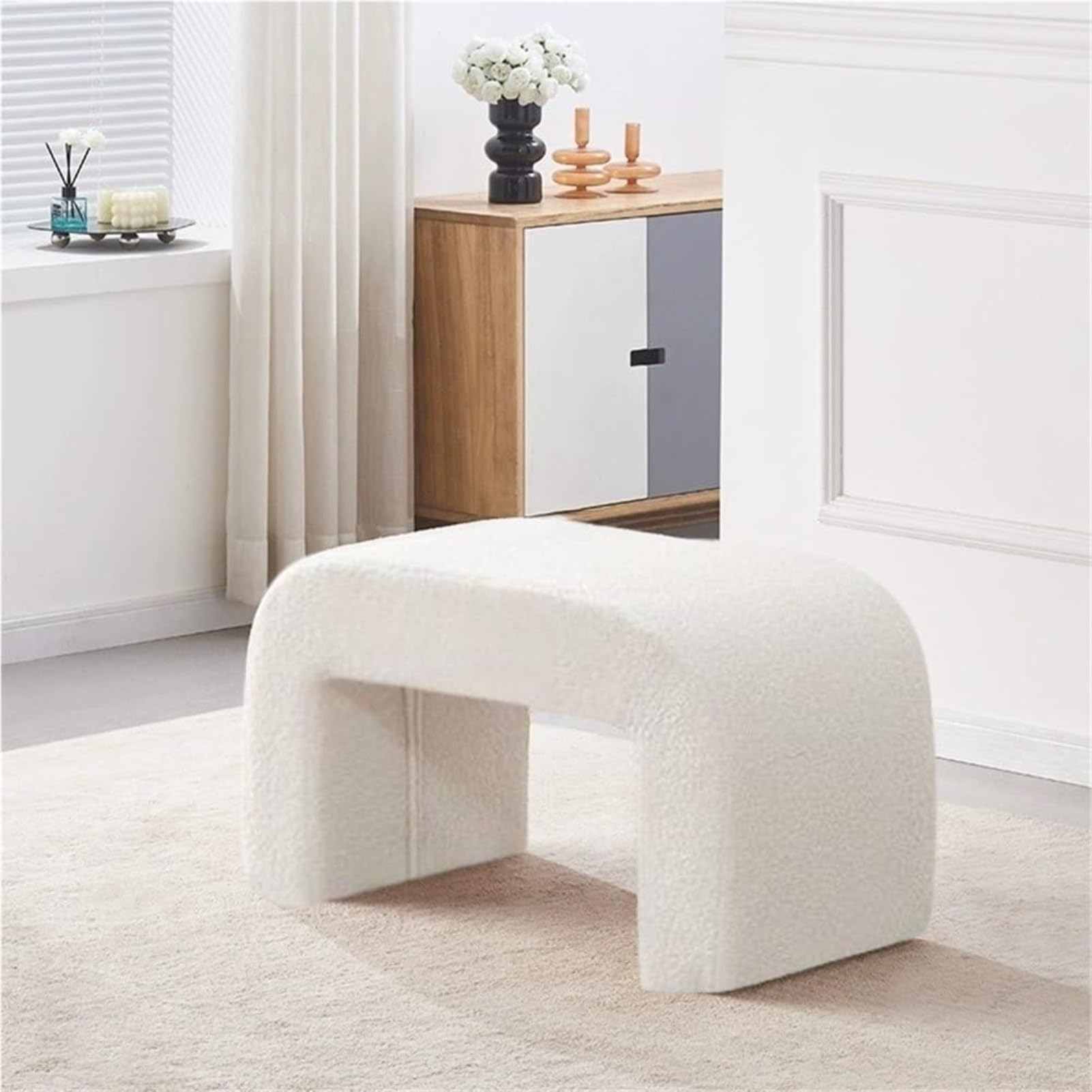 KLGFBDC Modern Minimalist Shoe Bench - Upholstered Faux Shearling Ottoman with Arched Footrest for Entryway Living Room Hallway & Makeup Room (100x40x43cm White)