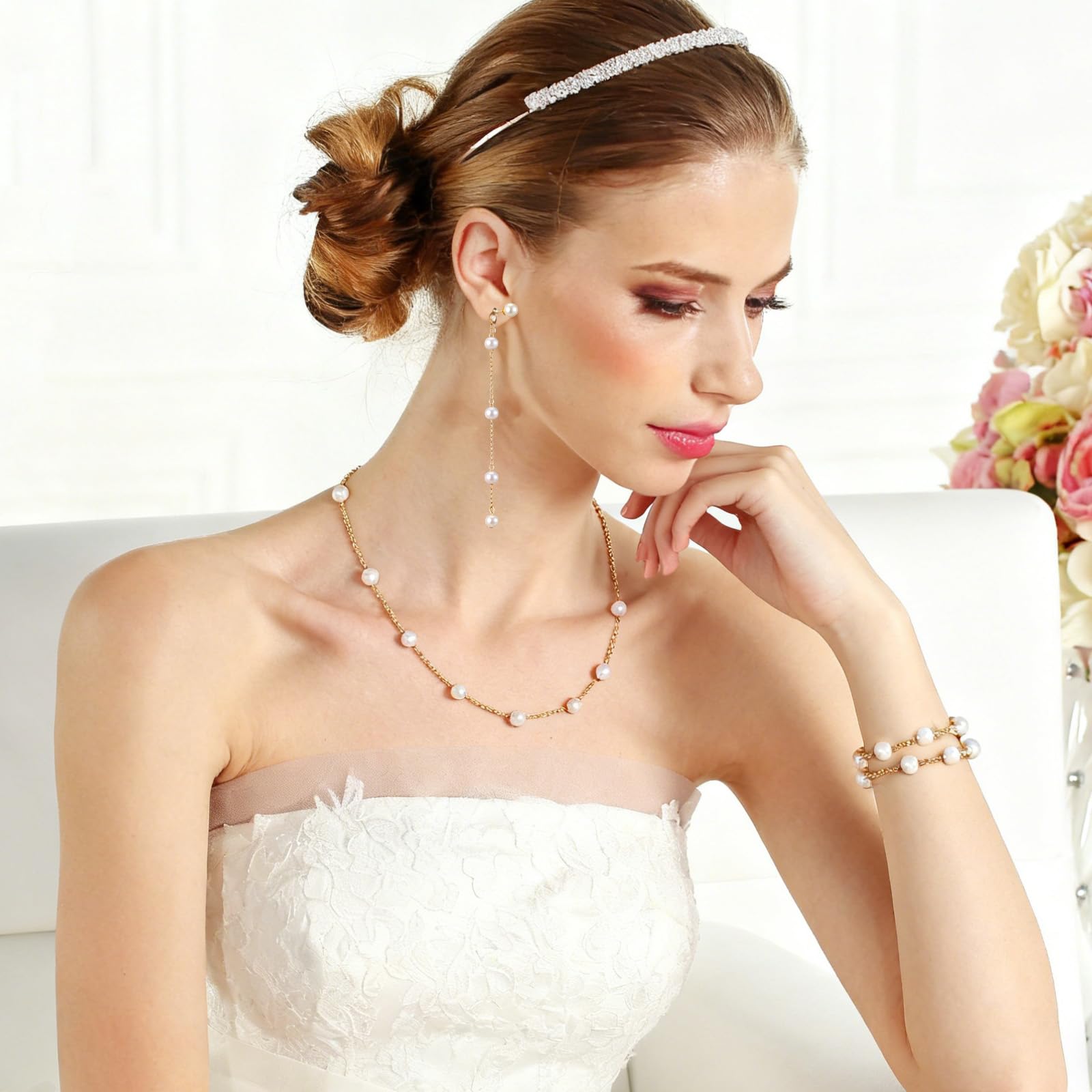 Gold Jewelry Set for Women Pearl Necklaces Pearl Bracelets Dainty Drop Earrings Gift for Wedding Bride Bridesmaids Christmas Valentine's Day Jewelry Boho Prom Accessories