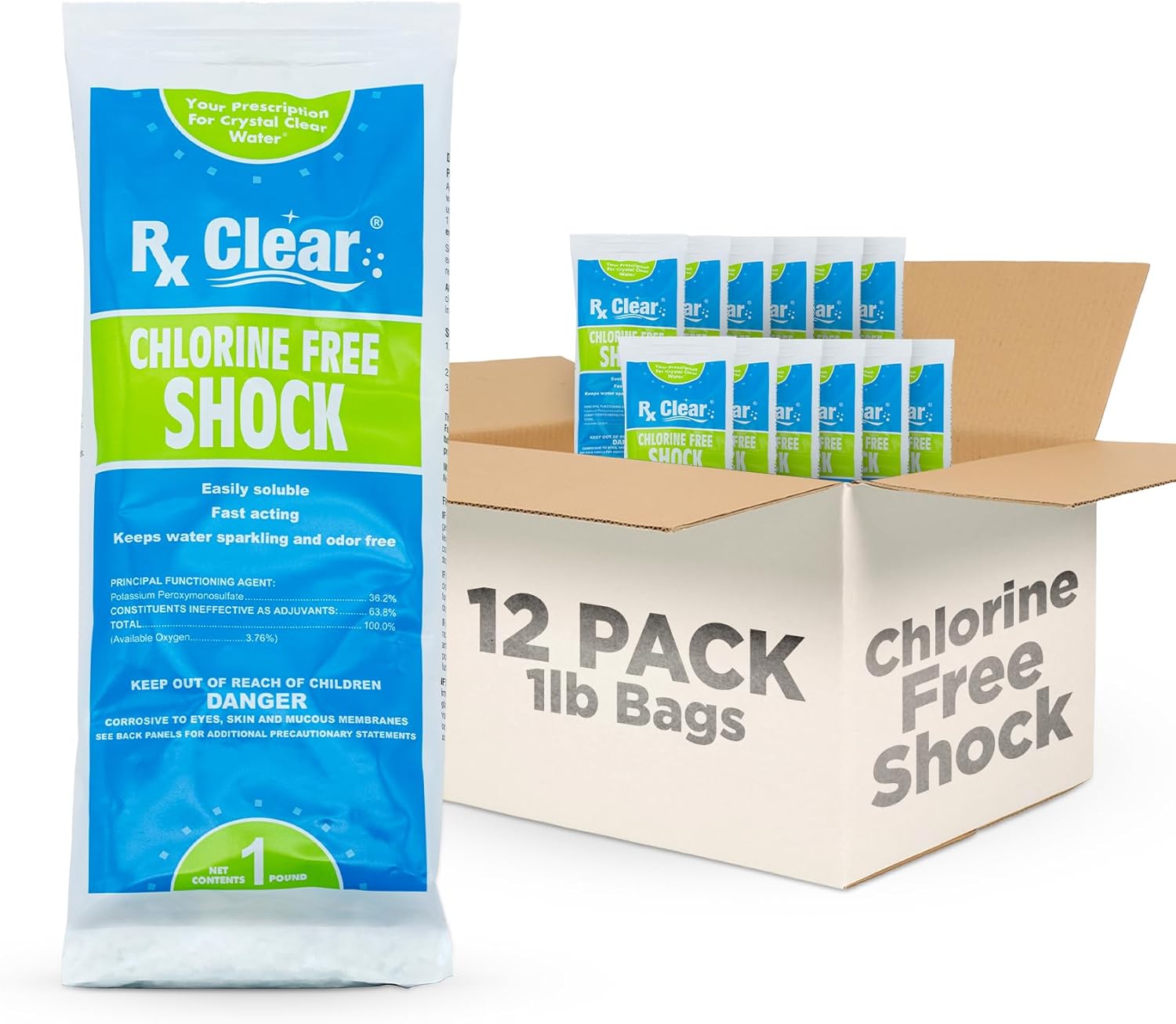 Rx Clear Chlorine-Free Swimming Pool Shock | Eliminate The Harsh Chemicals | Non-Irritating Formula | 36.2% Potassium Monopersulfate | One Pound Bags | 6 Pack