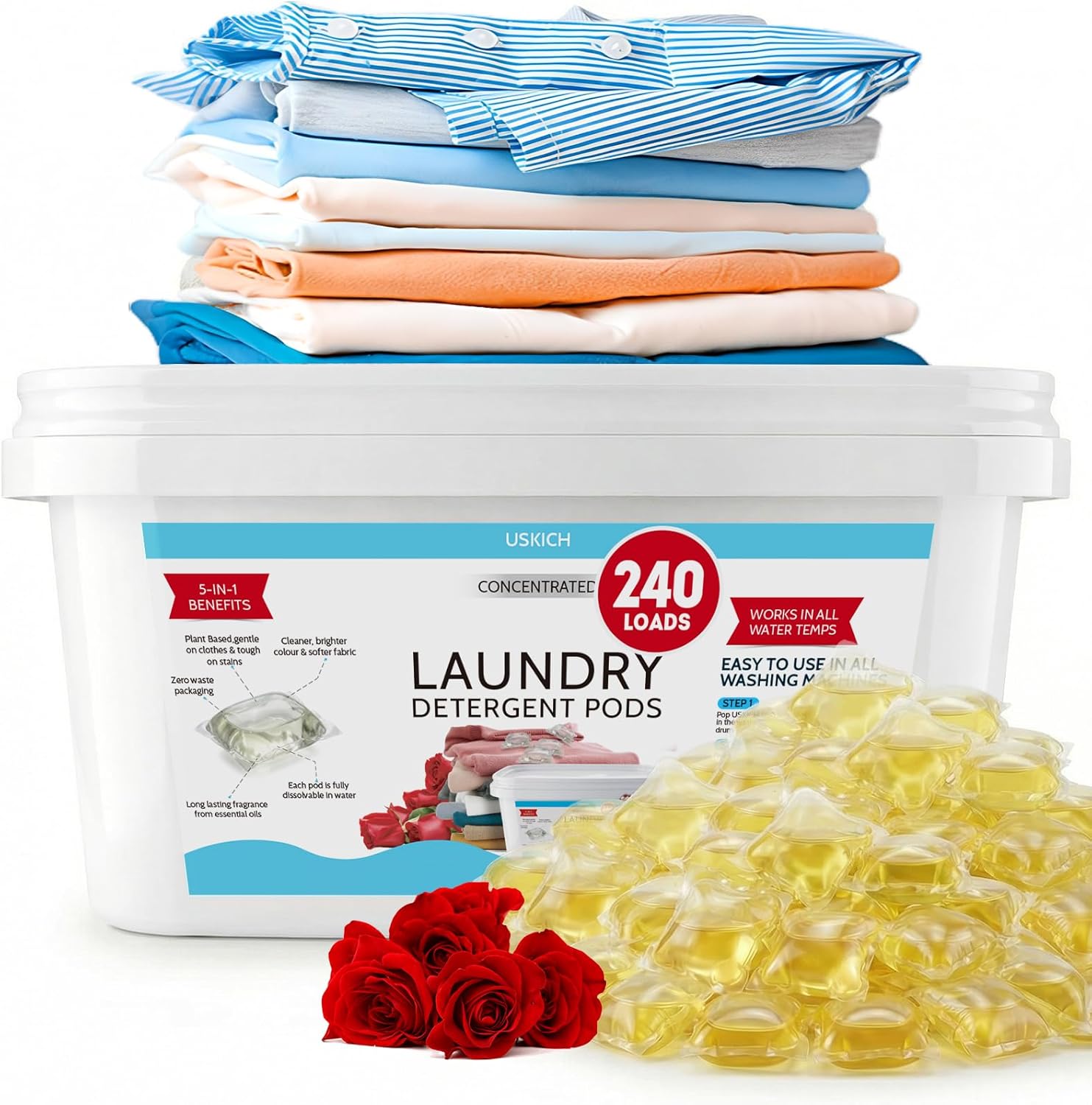 240 Pack Laundry Detergent Pods- 5-in-1 Stain Remover Laundry Soap Pods- Ultra Concentrated,Dissolvable Detergent Pods Bulk for Washing Machines,Rose Scent