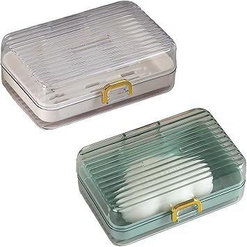 Portable Soap Dish with Lid 2 Pcs, Soap Holders with Double Layer for Traveling Rectangular, White, Green