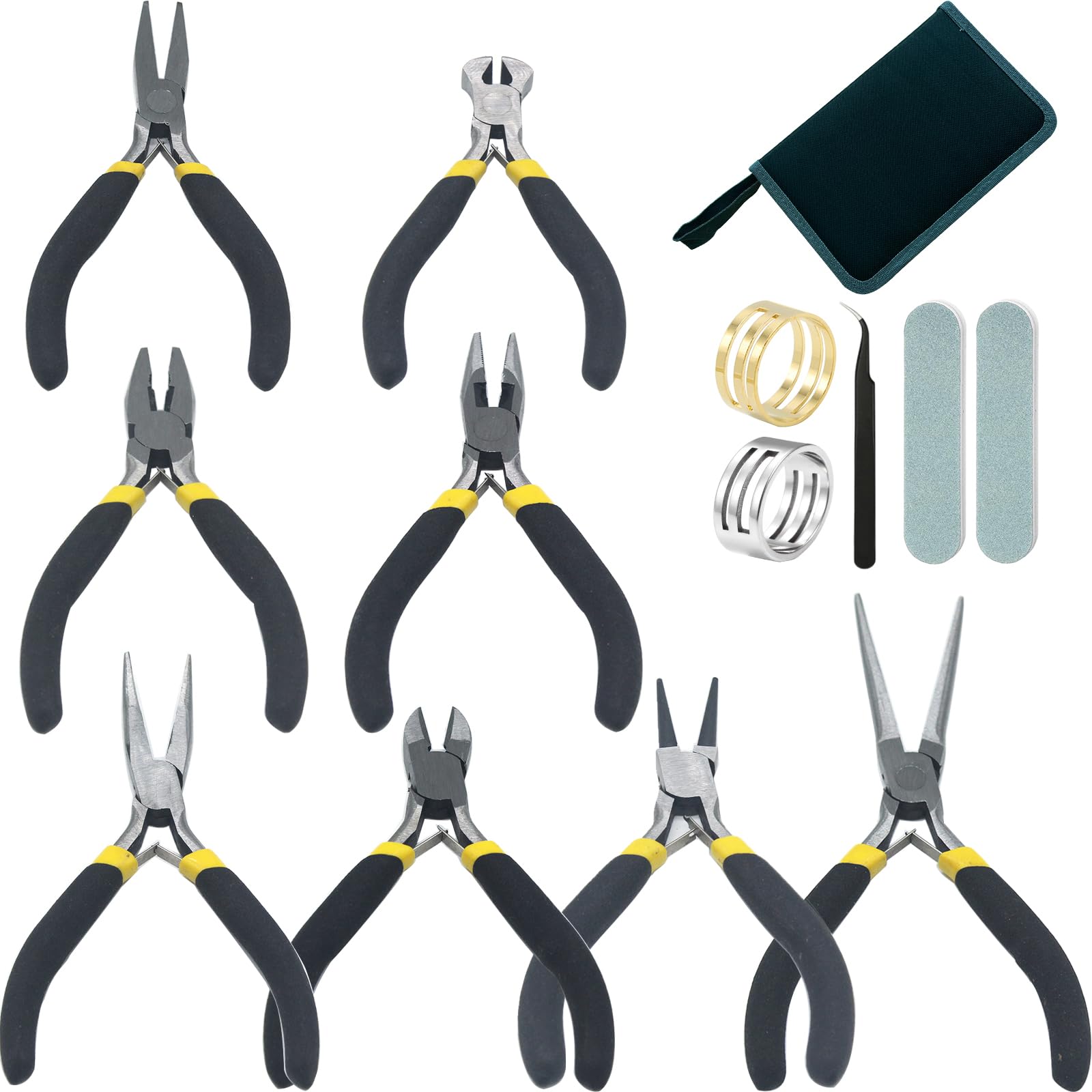 Lot de 8 pinces à bijoux comprenant une aiguille, une chaîne de nez, une pince ronde courbée, un coupe-fil pour le bricolage, le sertissage, la réparation de coupe (noir et jaune)