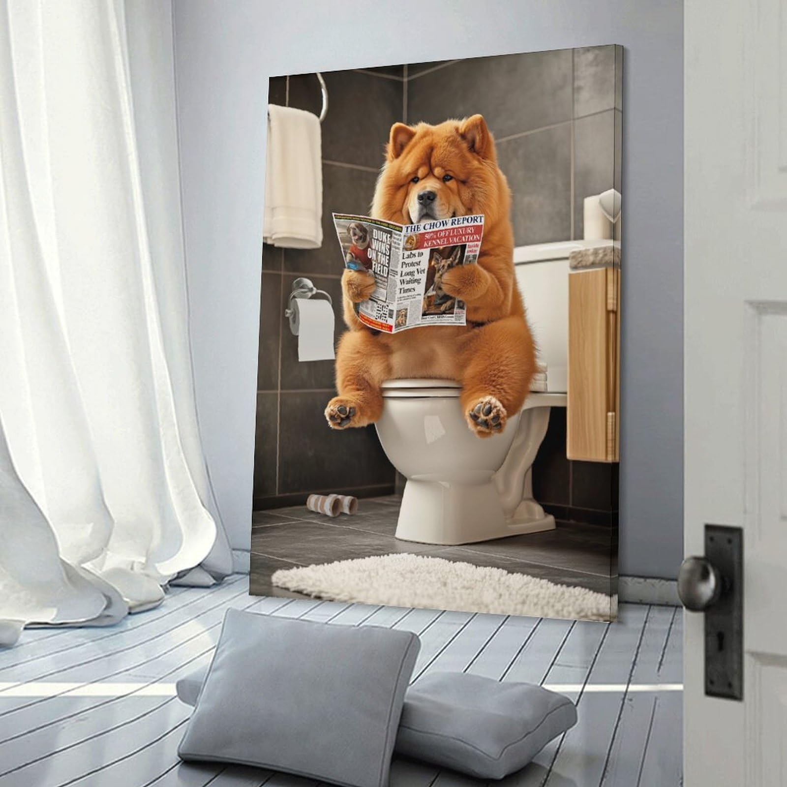 Junmoney Frame-Style-12 Chow Chow On The Toilet Hanging Wall Art, 20X30inch(50X75cm), For Entrance Walls, Hall Decor Or Foyers, Wall Decor To Refresh Empty Corners