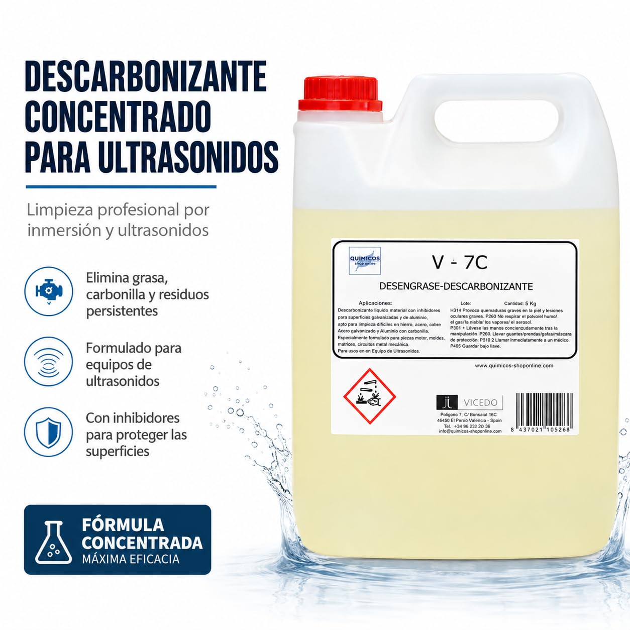 Limpiador Descarbonizante para Ultrasonidos V-7C 25 kg, Concentrado Multimetal para Motores, Culatas, Turbos y Piezas de Automoción
