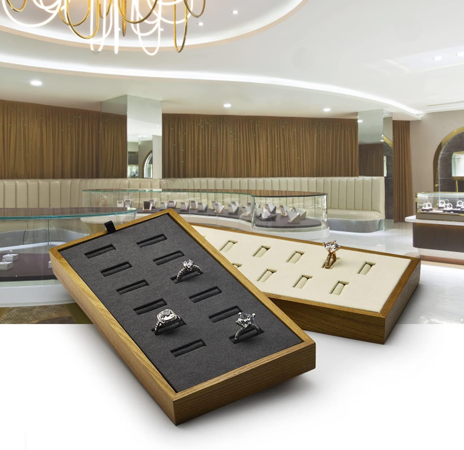 Solid Wood Jewelry Ring Display Tray Showcase 12 Slots Jewelry Ring Organizer Display Tray(Beige)