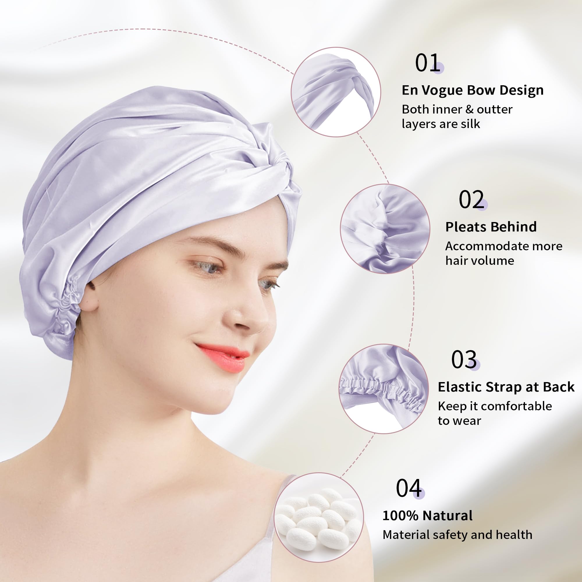 townssilk Gorro de noche para mujer, 100% seda de morera, gorro de ducha de seda de 16 mommes, bueno para el cabello, protege el cabello, gorro de noche de seda, doble capa, lavanda — view 3