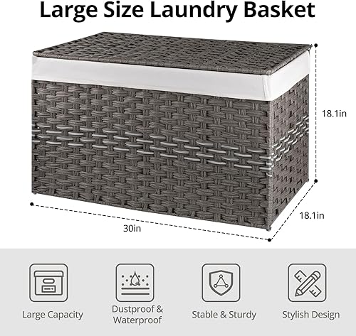 Miniatura 2 de OIAHOMY Cesta de almacenamiento grande con tapa, cesta de manta de 42.3 galones (160 L) con bolsa extraíble con forro, cesta de mimbre con asa,