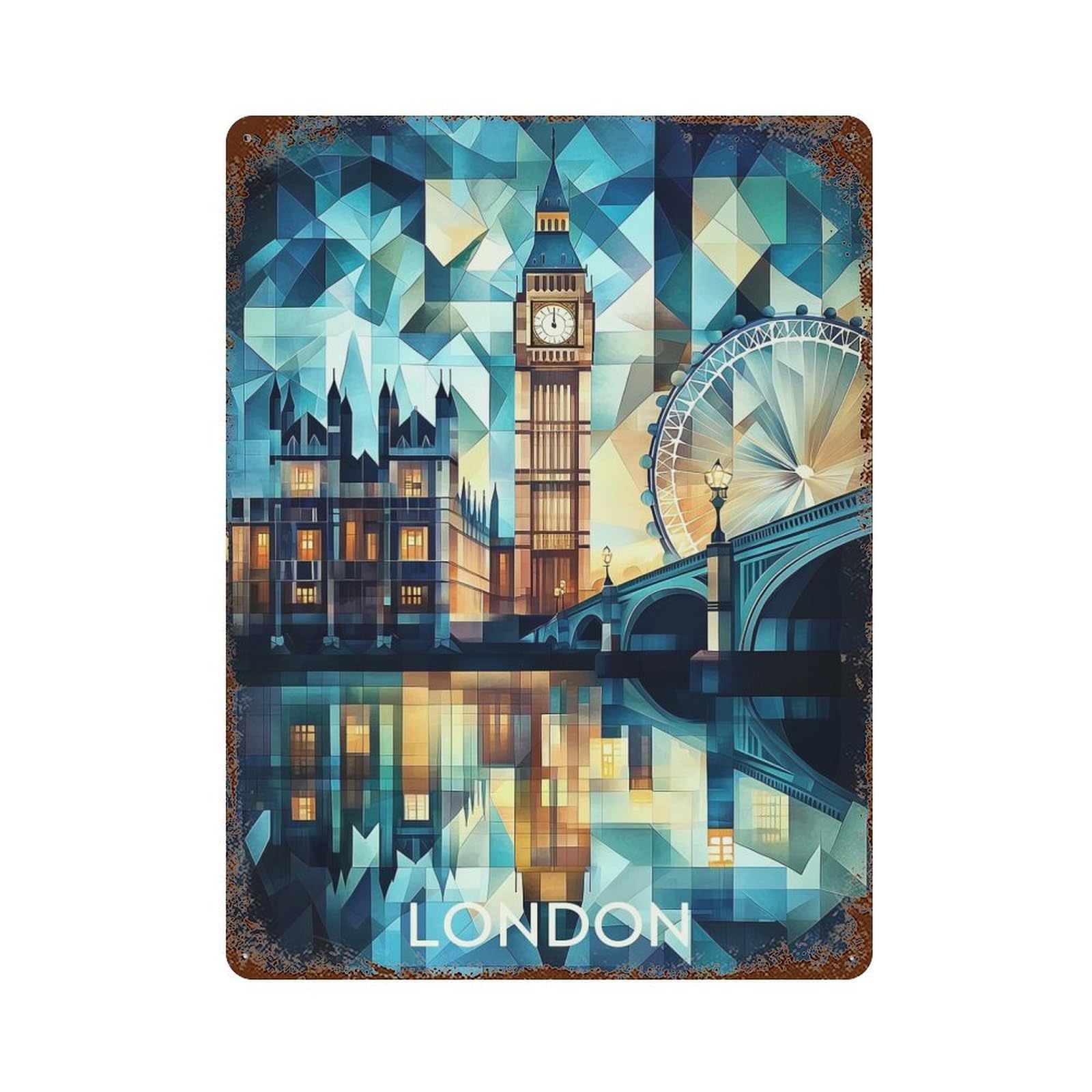 Abstract Cubist London Skyline with Iconic Landmarks Distressed Metal Wall Sign 15.7"x11.8", for Farmhouse, Kitchen And Entryway Decor, Rustic Home Decor