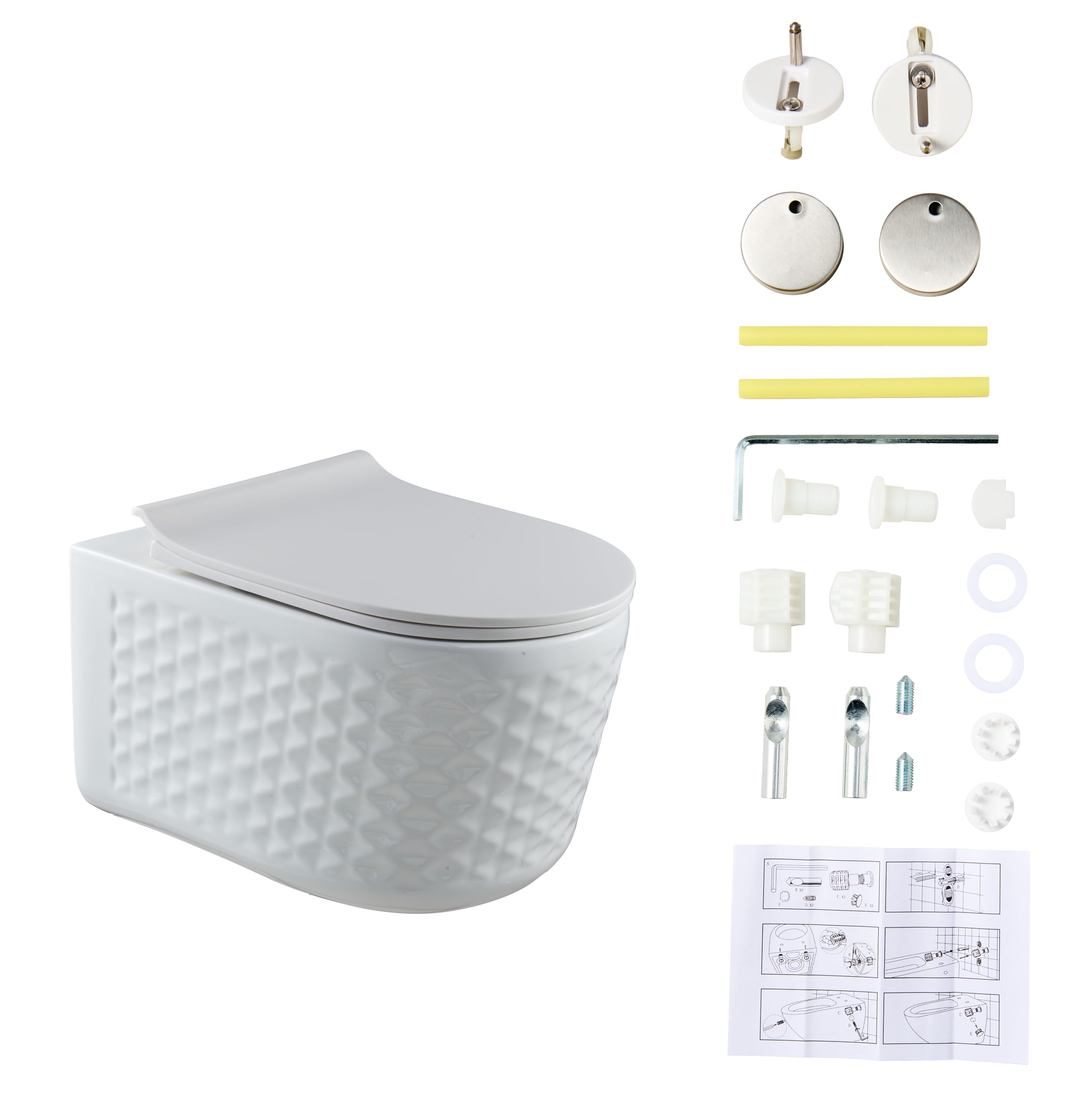 WC suspendu sans rebord Nano revêtement Céramique Toilettes et abattant avec fermeture automatique (élégant en blanc)