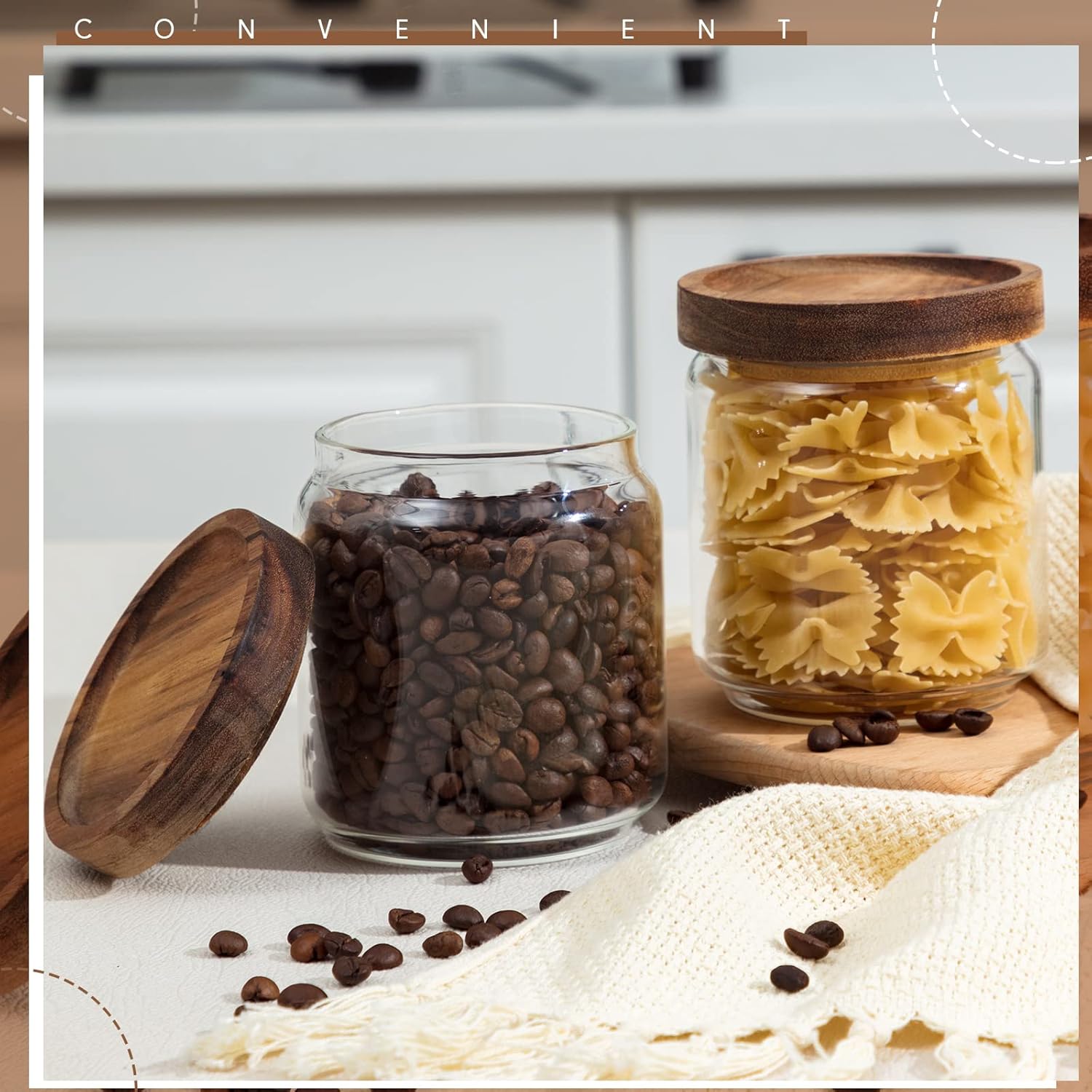 Irenare 16 Pack Glass Containers Canister Set, 17 oz Food Storage Spice Jars with Airtight Lids, Clear Kitchen Containers for Coffee Sugar Tea Beans Nuts Candy Pantry Organization (Wood) - Image 5