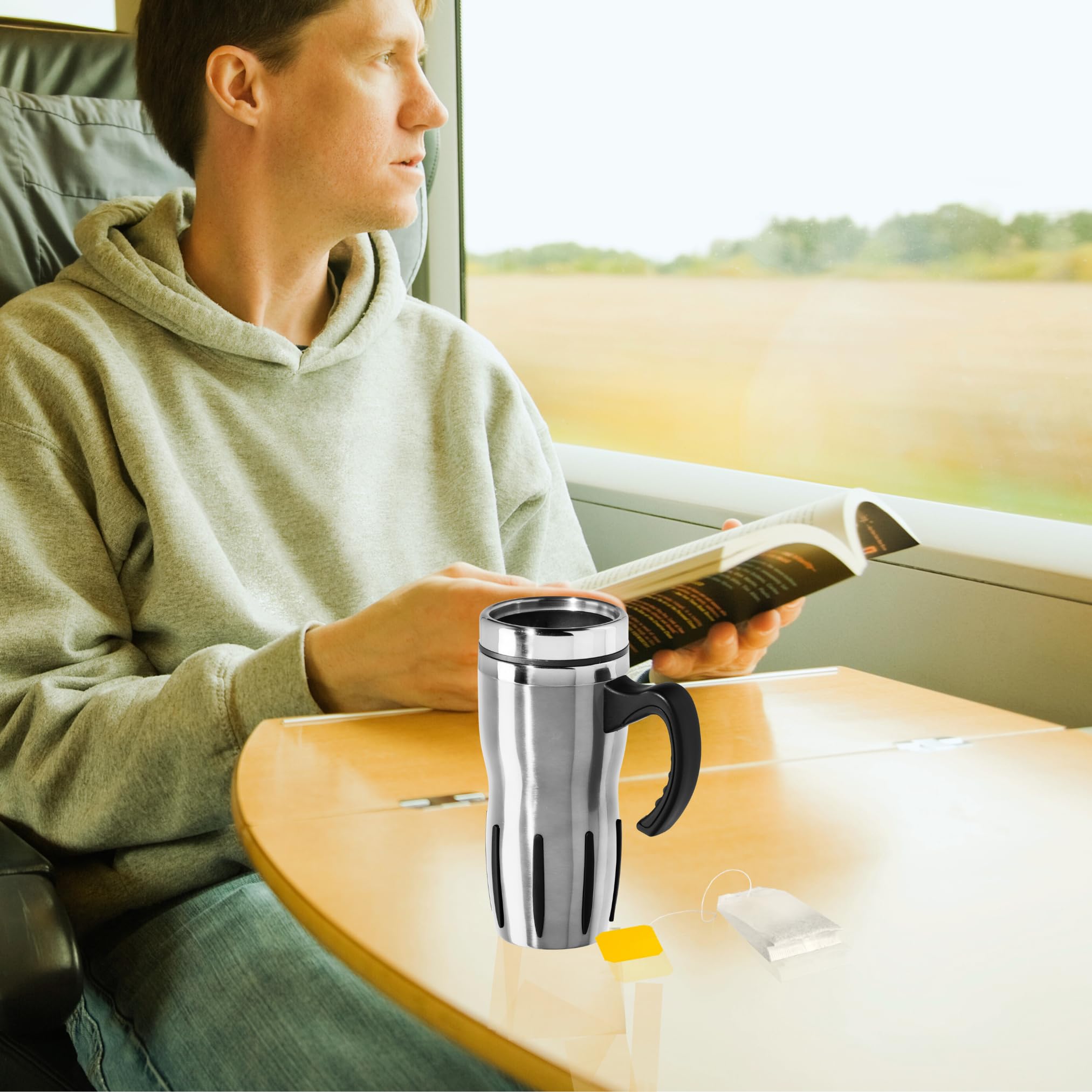 OGGI Mulitigrip Stainless Steel Thermal Travel Mug - 16oz, with slide open lid for hot and cold beverages.